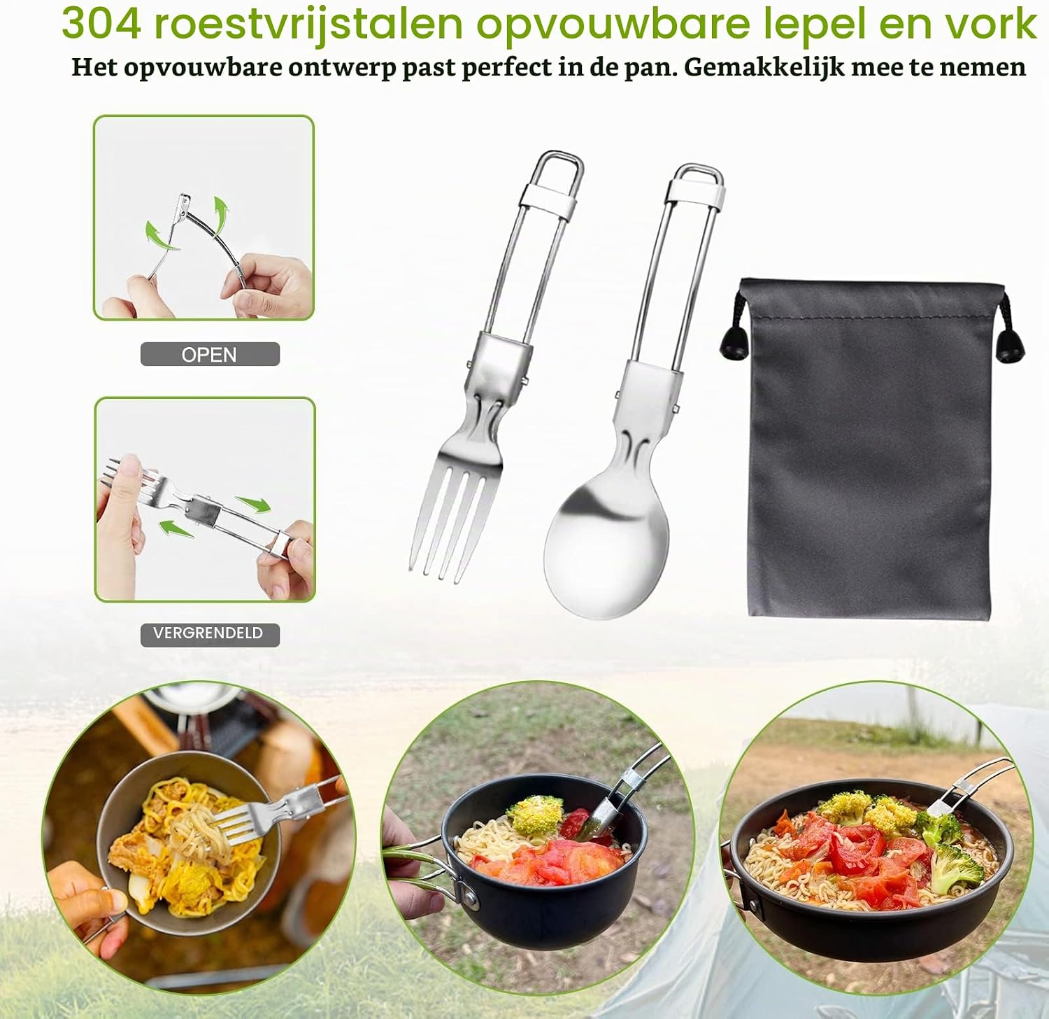 Detalle de AUTOPkio B304 campingkookset met opvouwbaar fornuis en aluminium pannen