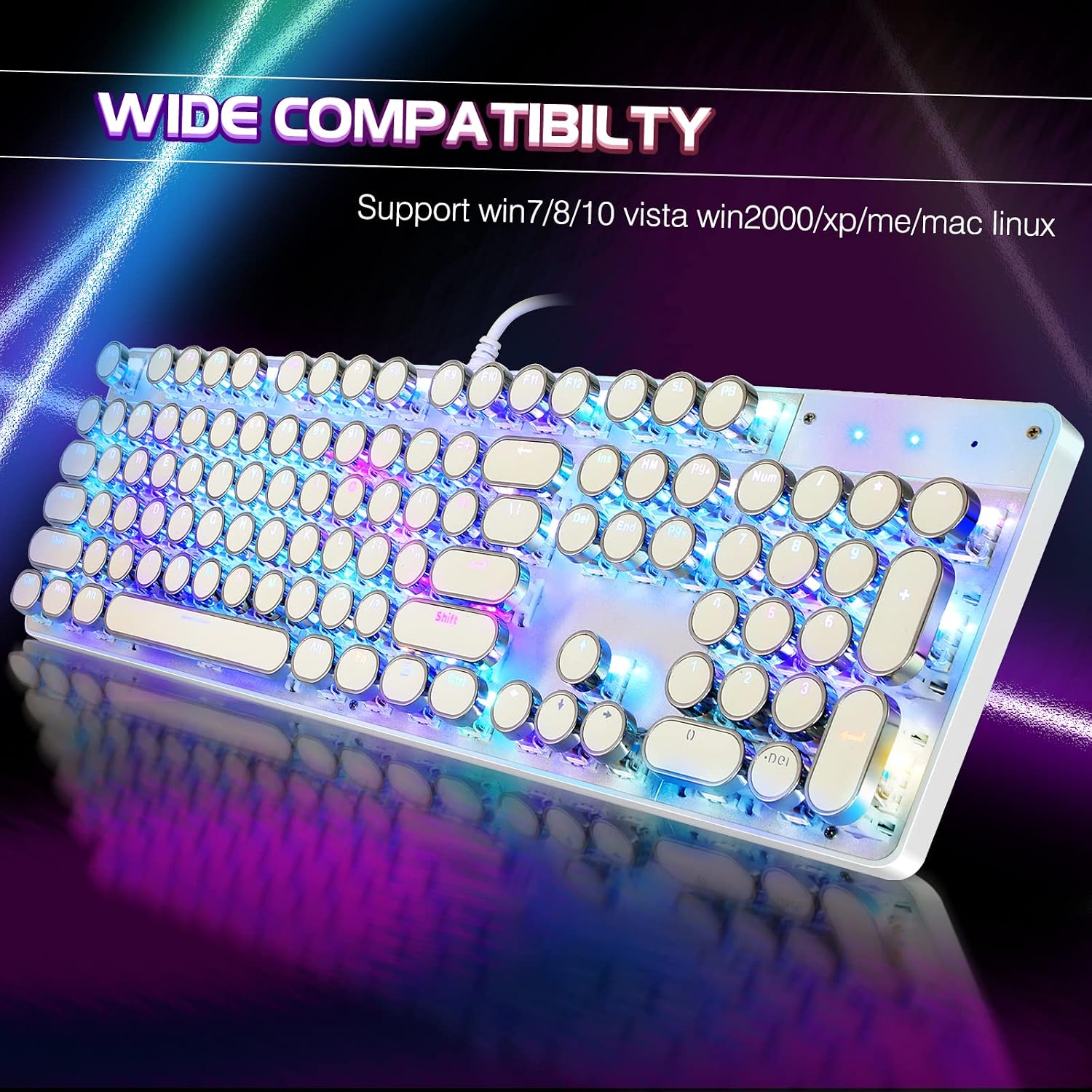 Detalle de YSCP Typewriter Style Mechanical Gaming Keyboard RGB Backlit with Blue Switches, 104 Keys, Wired (R-White)
