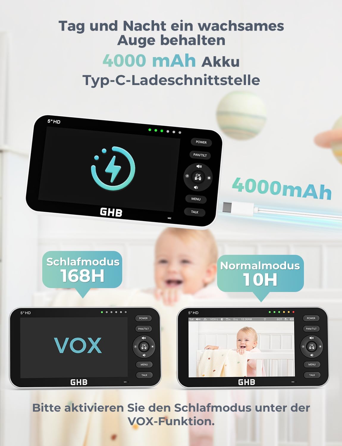 Detalle de GHB Babyphone mit Kamera 5 Zoll – 720P HD Display, VOX Schlafmodus und 168 Stunden Akkulaufzeit