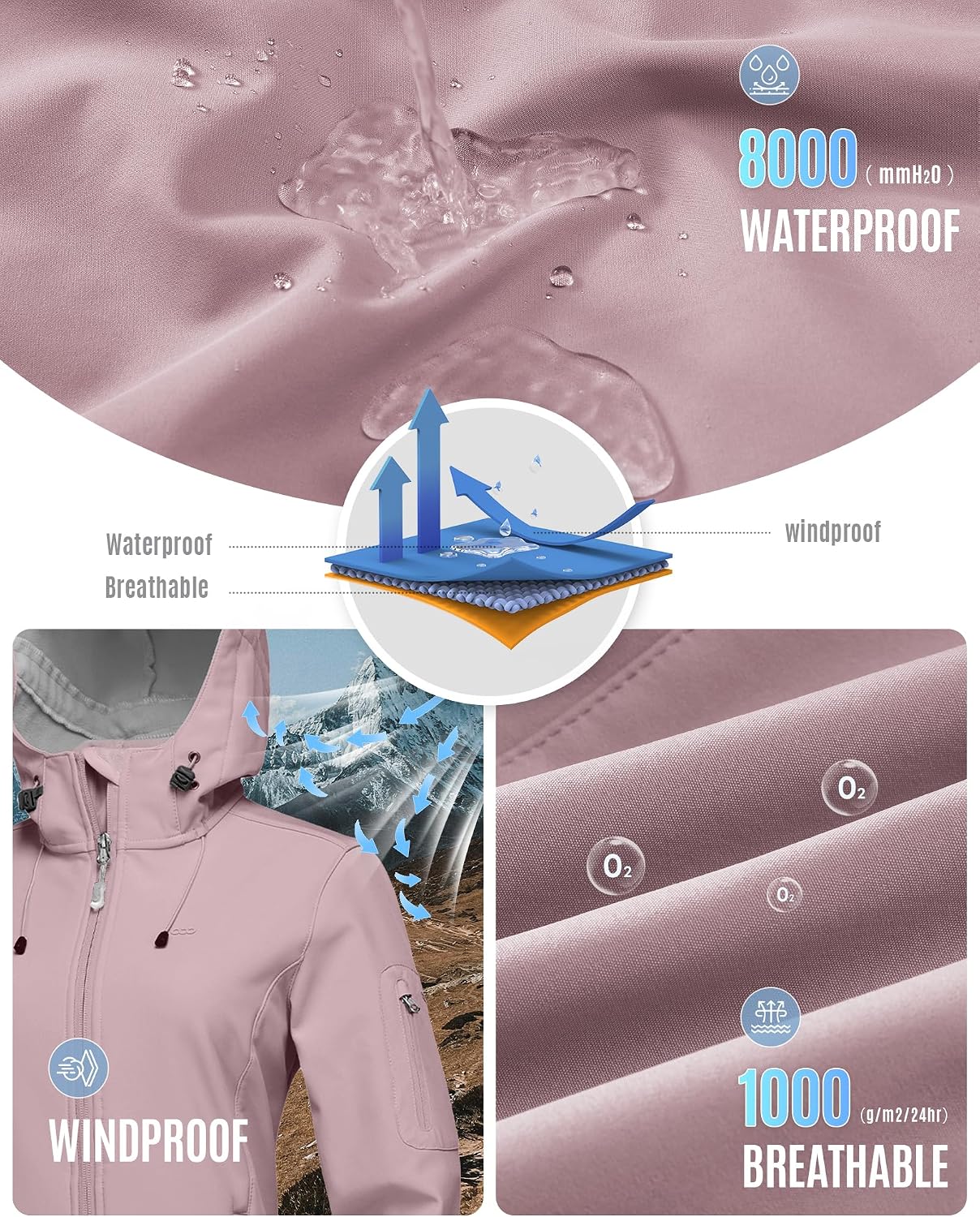 Detalle de 33,000ft Women's Softshell Jacket, 3-Layer Fleece Lining and Adjustable Hood