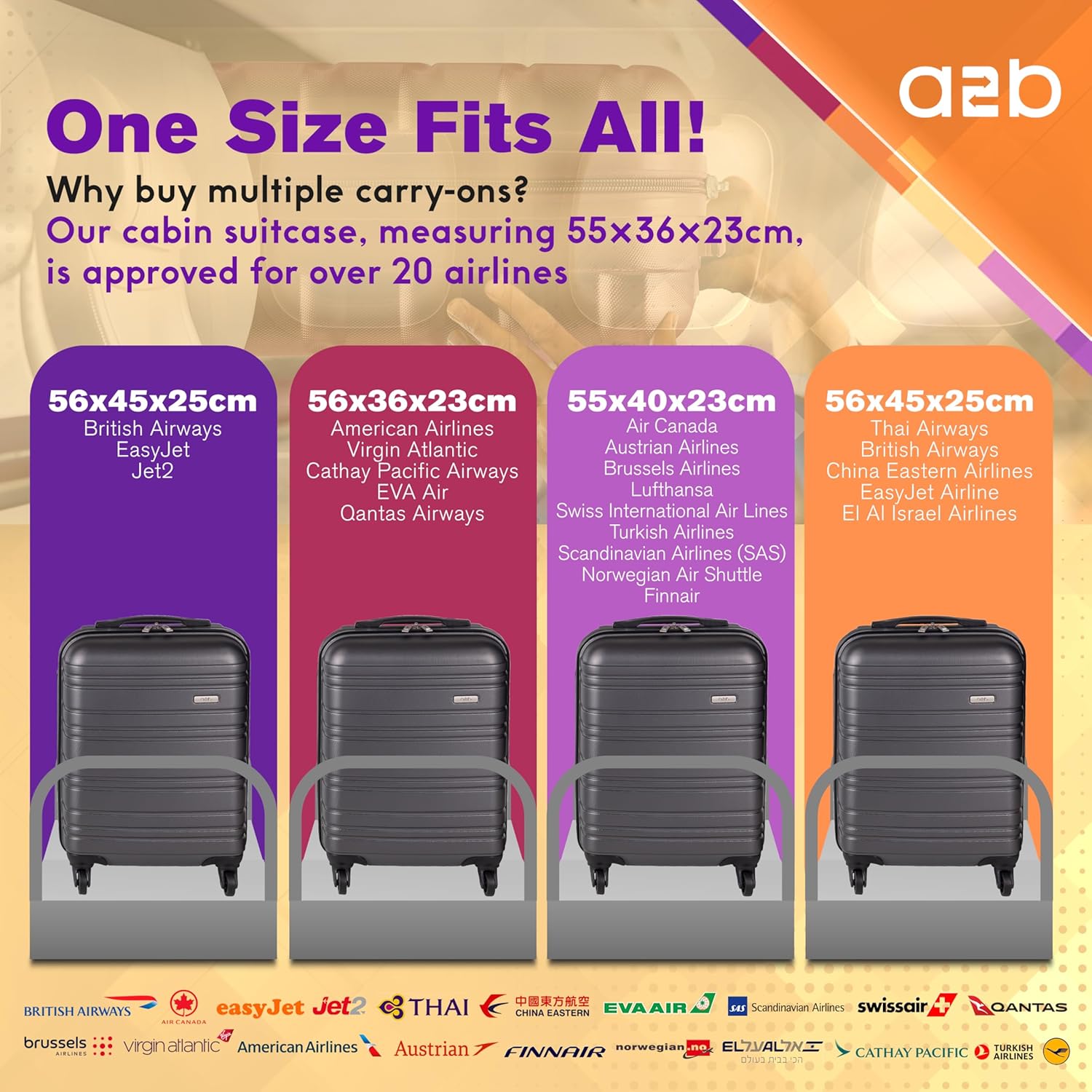 Thumbnail 1 de A2B Lightweight 55cm Cabin Approved Suitcase – Small Apricot Carry-On with Spinner Wheels