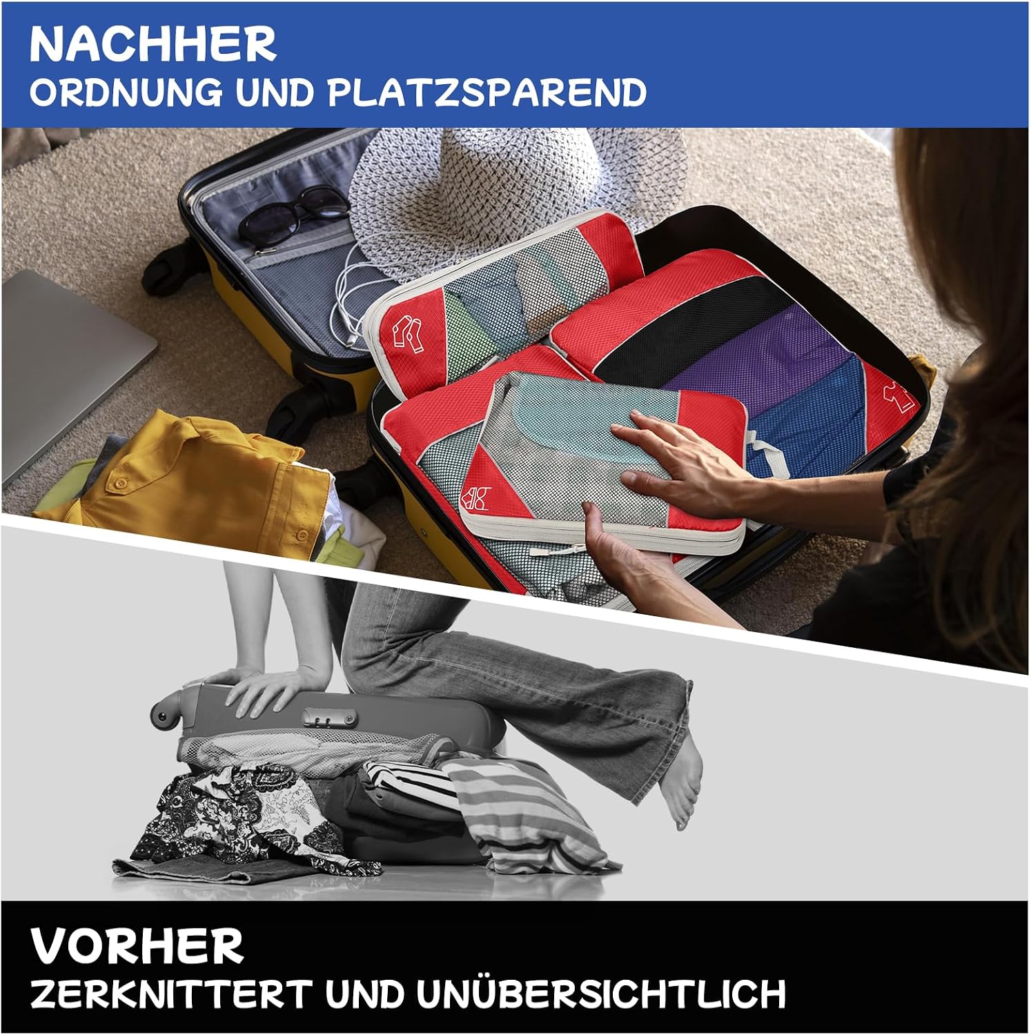 Thumbnail 2 de 5-teiliges Kompressions Packwürfel-Set für Reisen – Ultraleichte Koffer-Organizer aus Ripstop-Polyester (Rot)