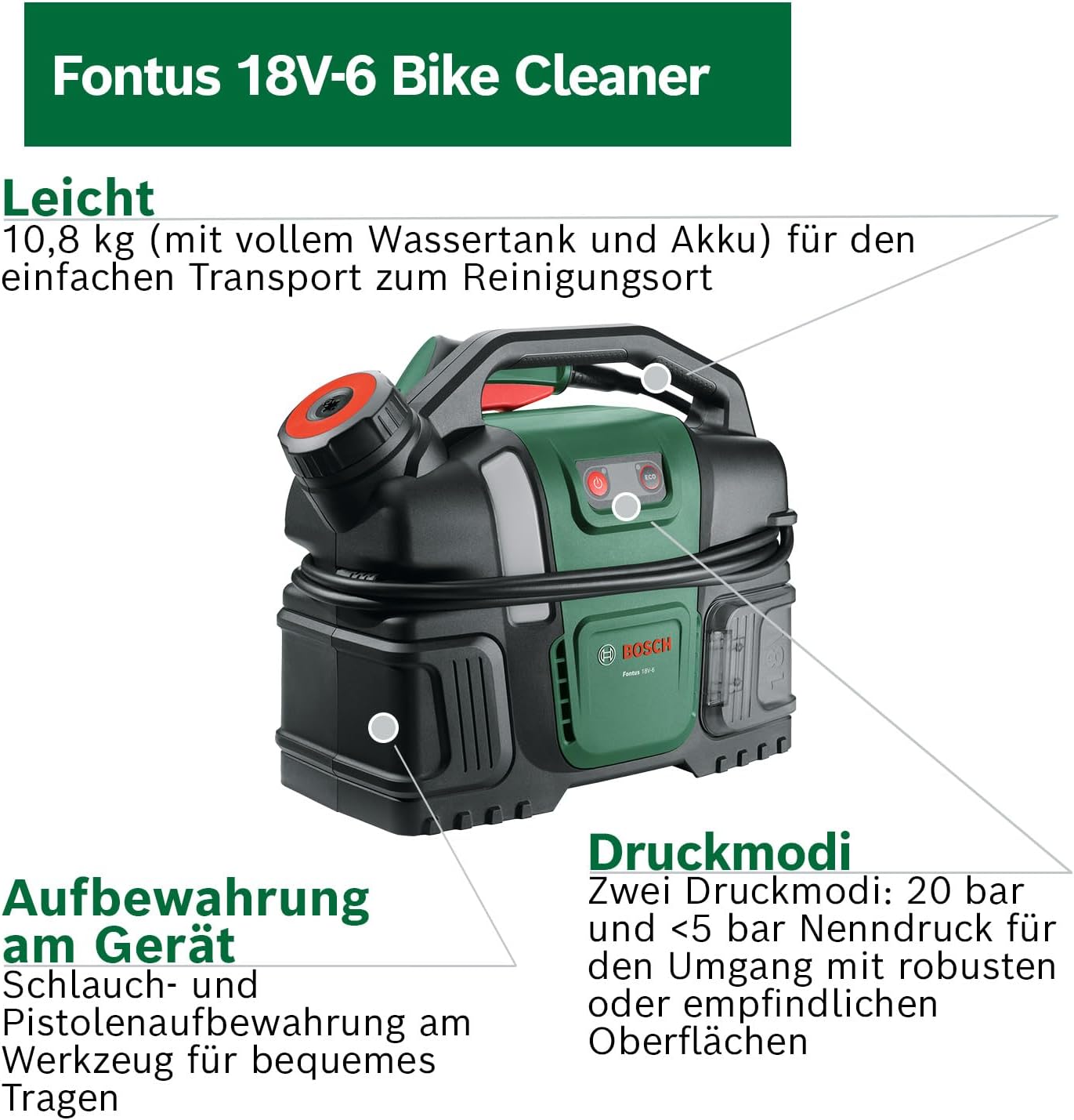 Thumbnail 2 de Bosch Akku-Druckreiniger Fontus 18V-6 für Fahrräder – mobil, 6-Liter-Wassertank und 8 Druckstufen
