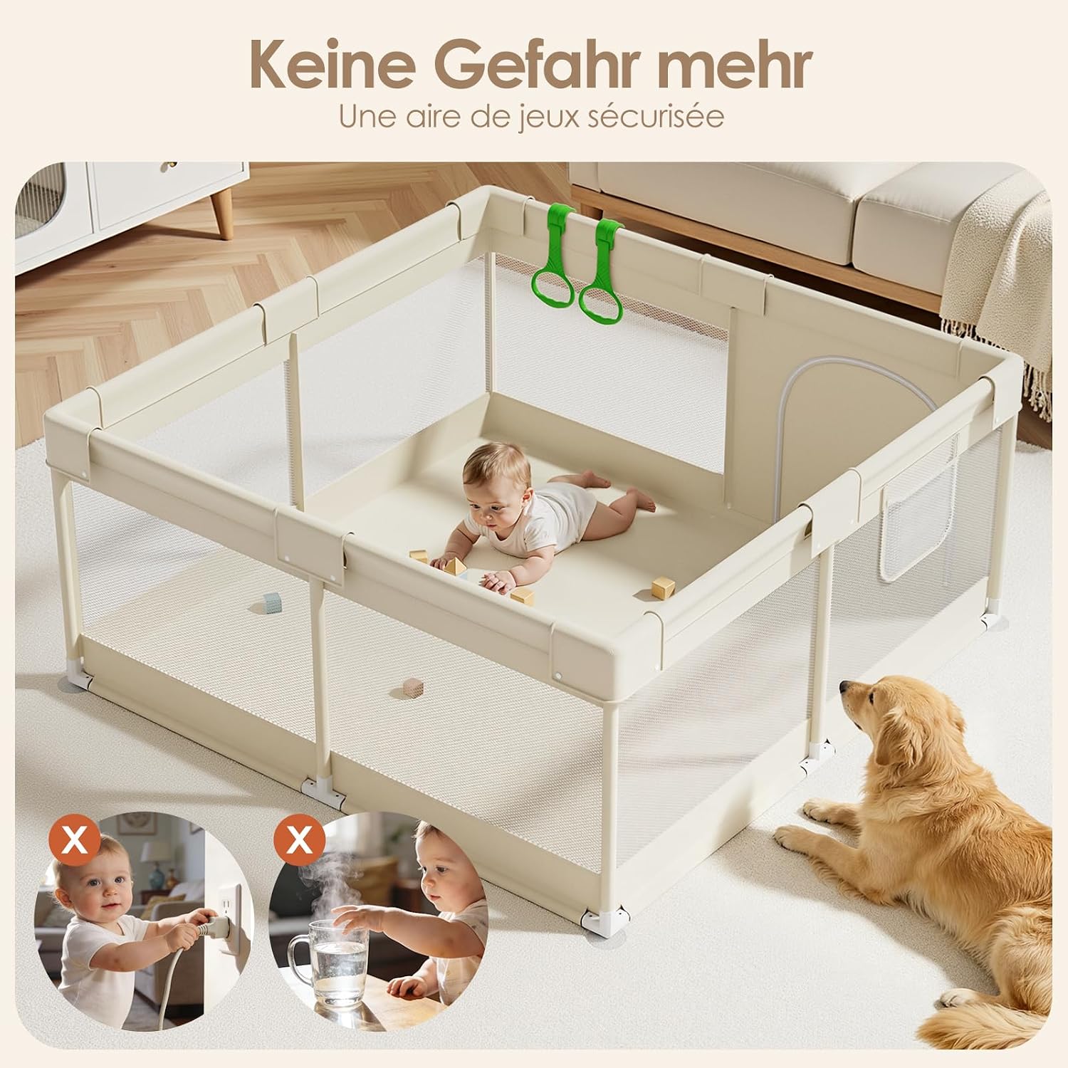 Detalle de Parc Bébé Julrrimg Beige 120 × 120 cm — Espace sécurisé et pratique