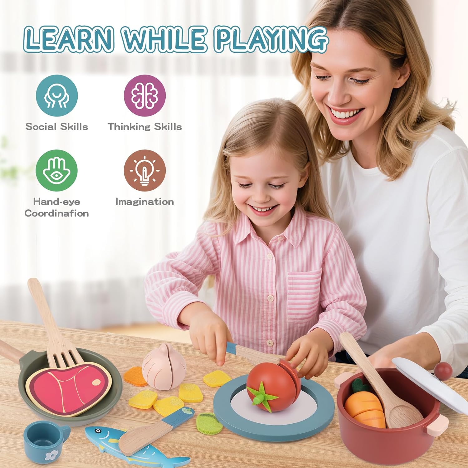 Detalle 2 de JOYSINTOY Set da cucina giocattolo in legno per bambini (pentole, padelle e accessori)