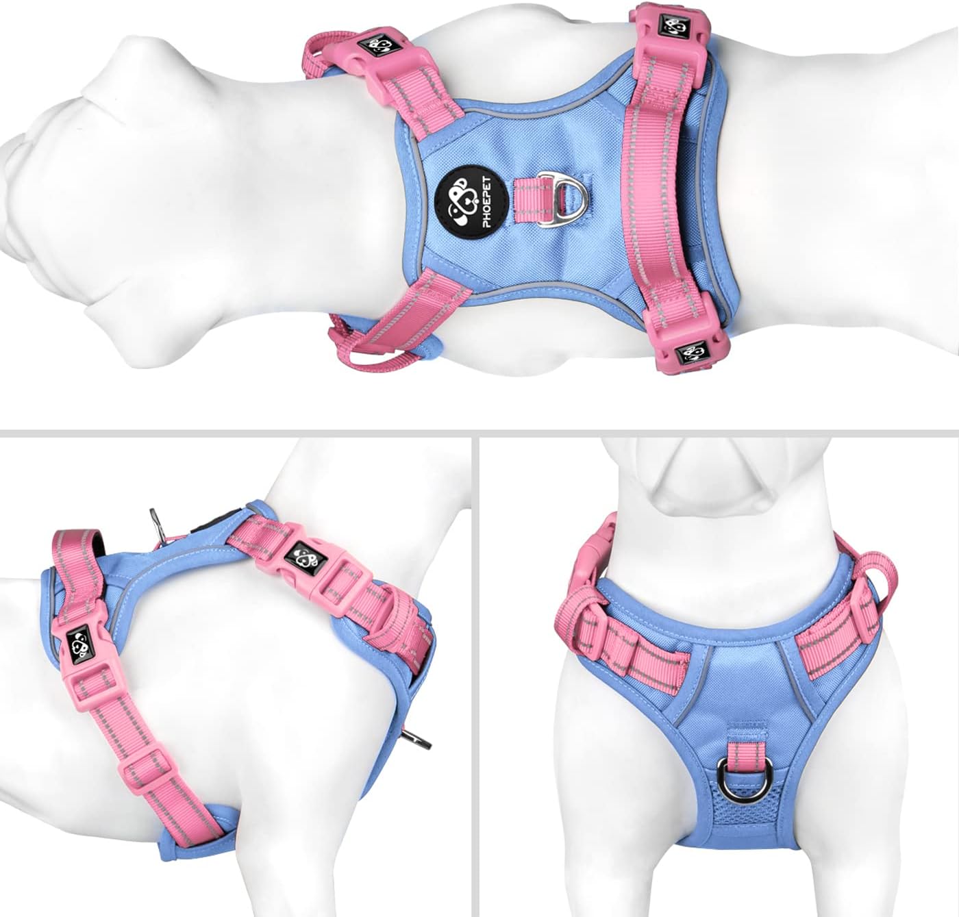 Detalle de PHOEPET No Pull Escape Proof Dog Harness with Front & Back Leashes and Quick-Release Buckles