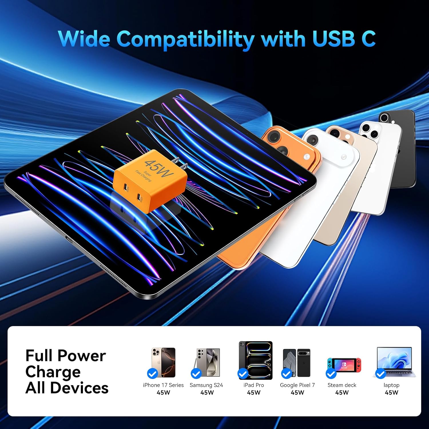 Thumbnail 3 de Phone 17 45W Dual USB-C Charger Block (with 10ft USB-C Cable, Fast Charging)