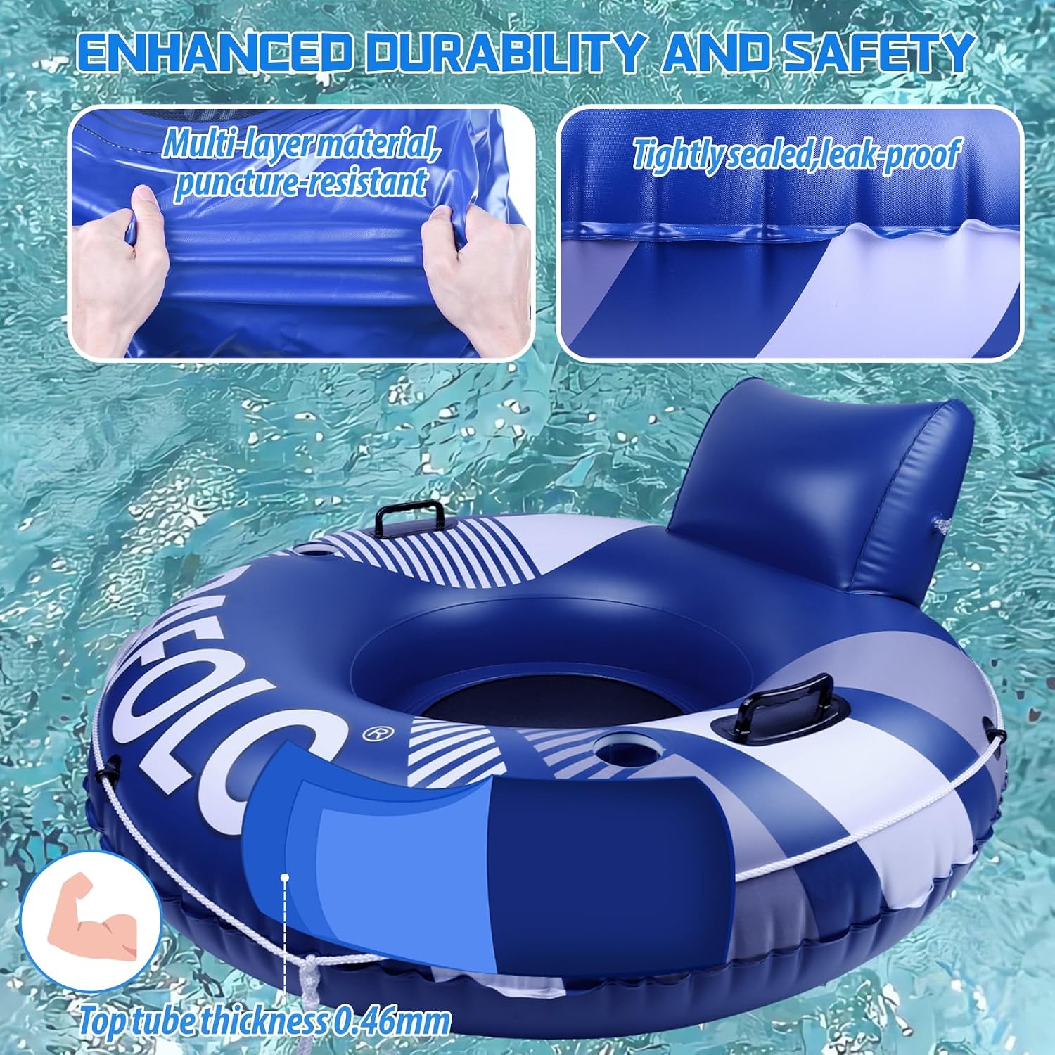 Detalle de PAFOLO 53” Heavy-Duty Pool Floats for Adults with Headrest, Mesh Seat, Grab Rope, Cup Holders and Dual-Seal—Ideal River, Lake, Pool