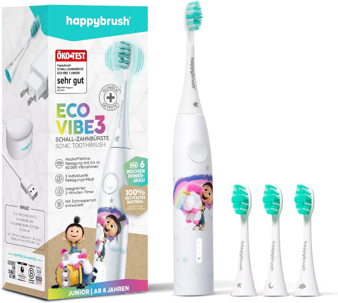 Detalle de happybrush Kids Schallzahnbürste inkl. 3 Aufsteckbürsten – Paw Patrol & Minions Agnes Einhorn-Design