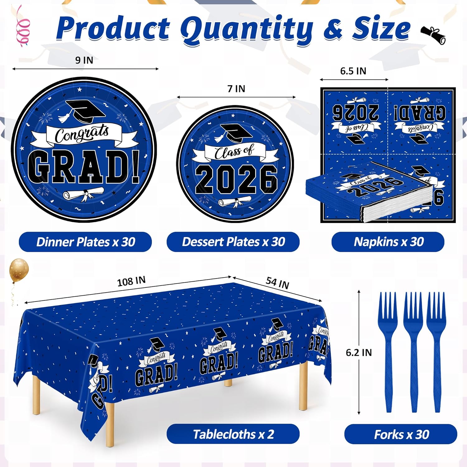 Thumbnail 1 de 122 Pcs 2026 Graduation Decorations Set: Blue Congrats Grad Dinnerware for Class of 2026 Party