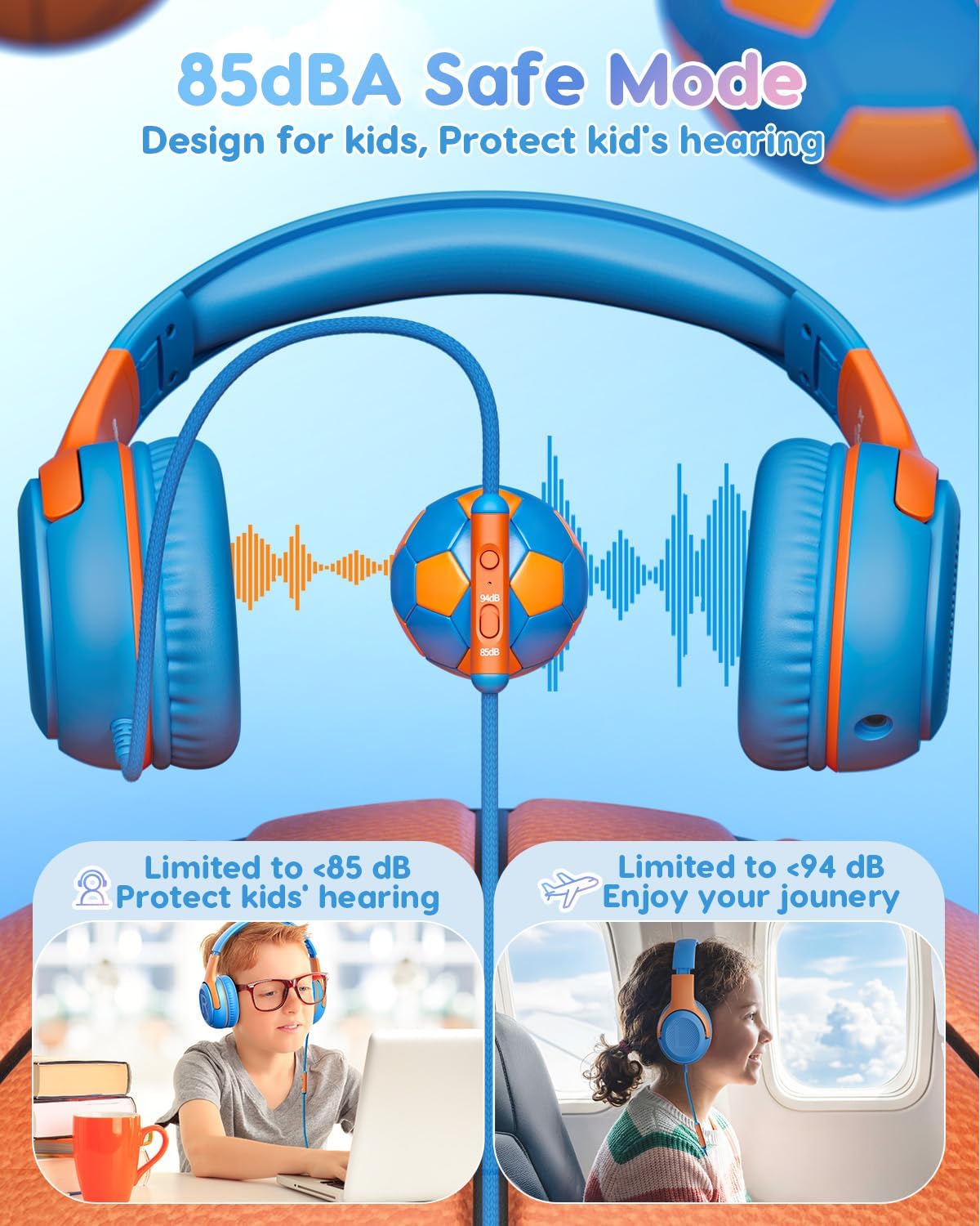 Thumbnail 1 de Awatrue Kids Wired Headphones with Mic (85/94dB limit, 3.5mm, foldable) – Orange/Blue