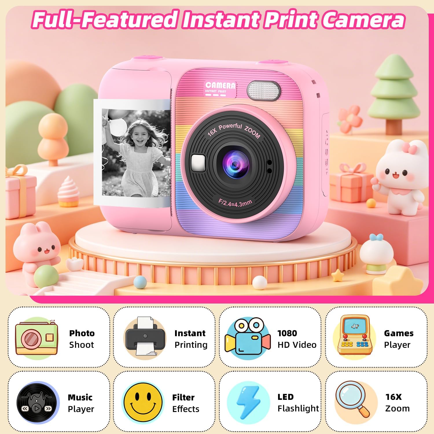 Thumbnail 2 de HOOMOON P97 Kids Instant Print Camera, 1080p Video, Selfie Lens, Pink