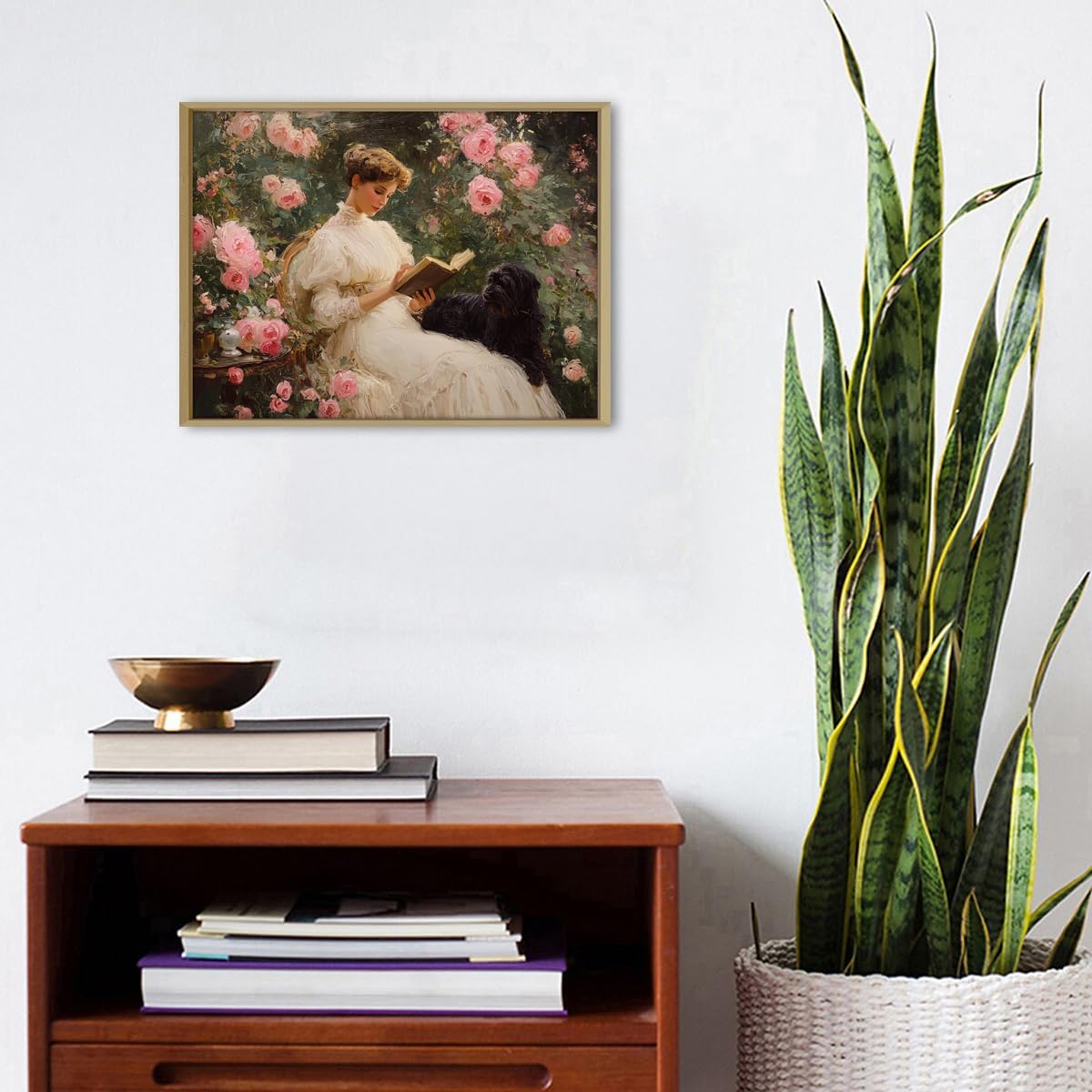 Detalle 2 de Vintage Framed Wall Art: Woman Reading Book Portraits in Rose Garden (30x40cm)