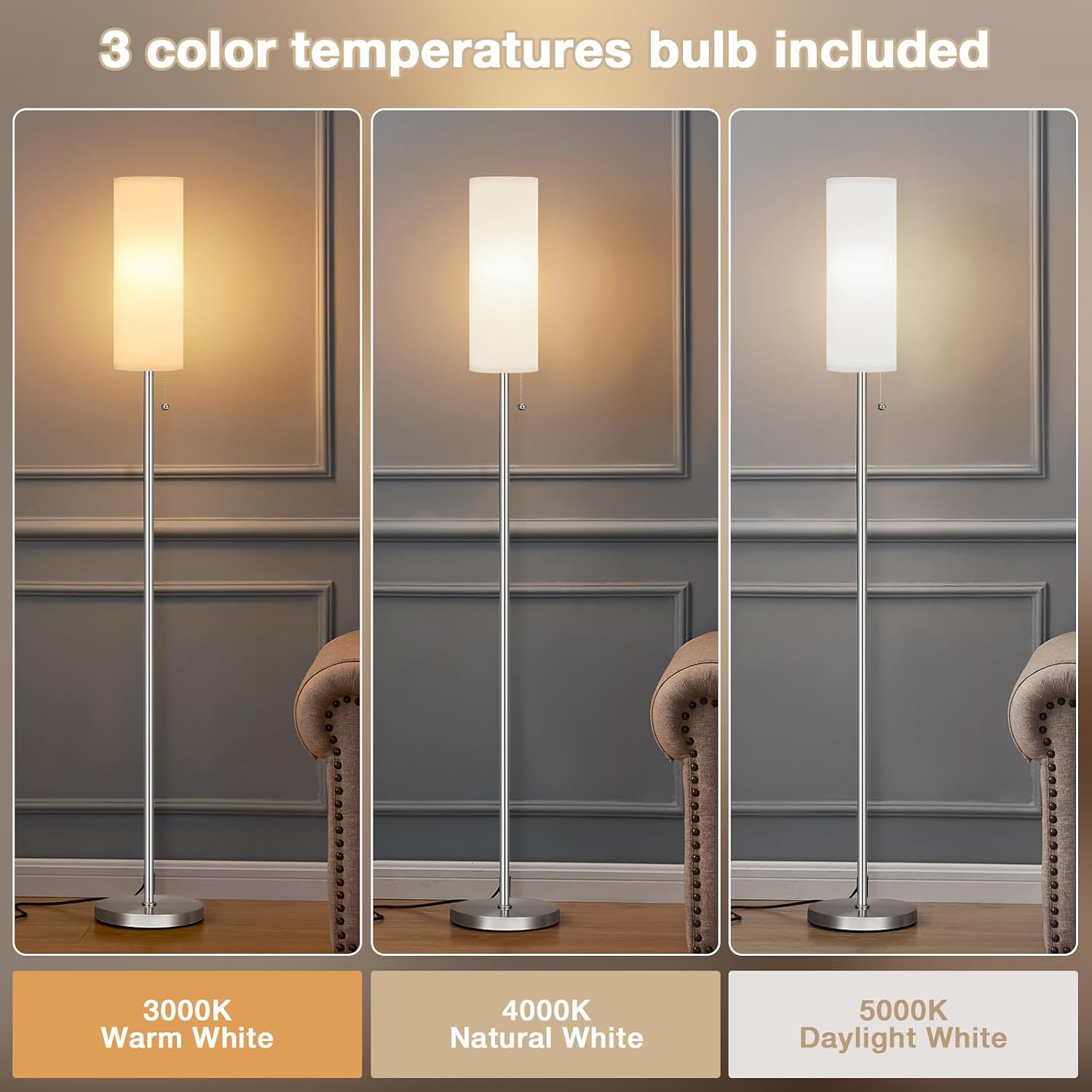 Detalle de Ambimall Z5V8W2 Floor Lamp, 3 Colour Temperatures and Pull Chain