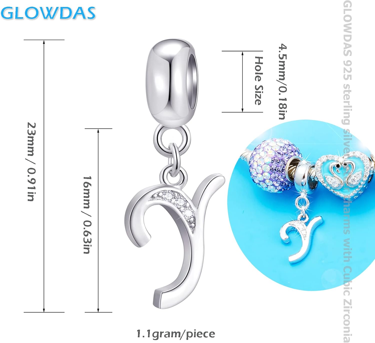 Detalle 2 de GLOWDAS Y Letter Sterling Silver CZ Charm 23mm
