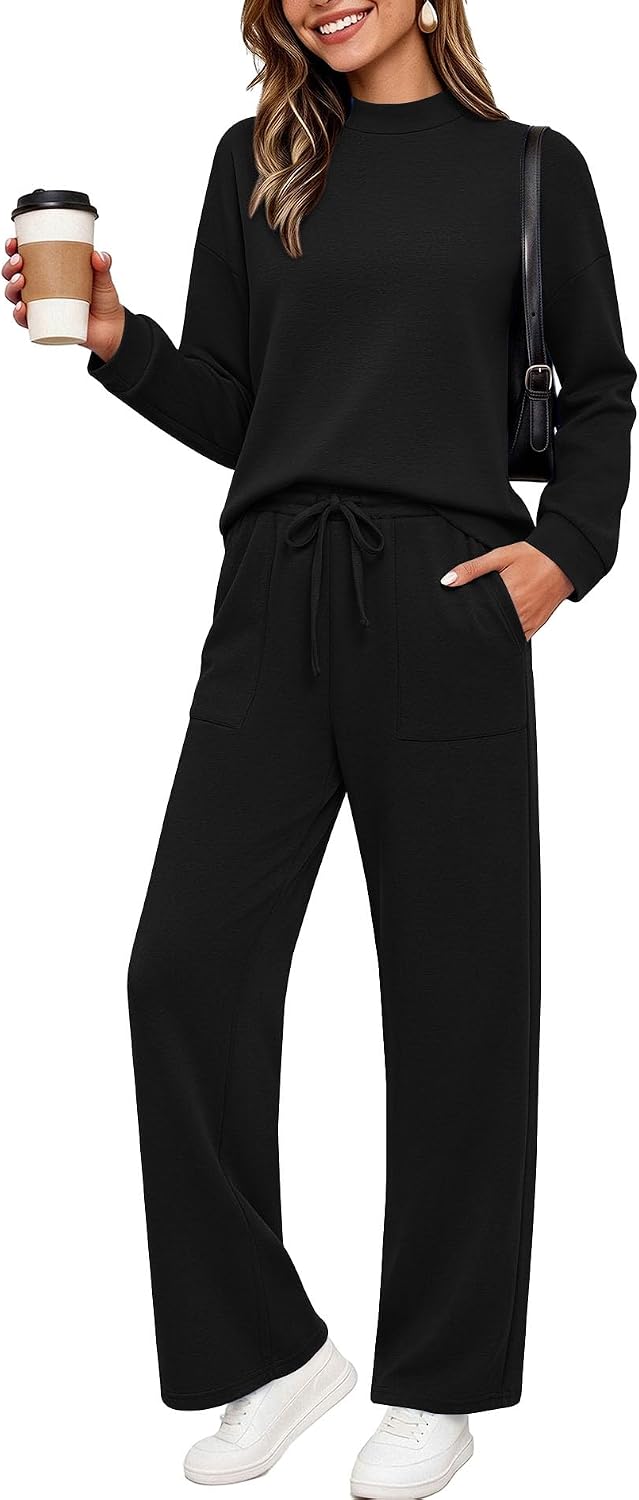 Detalle de Ekouaer Women's Two-Piece Lounge Set with Mock Neck, Wide-Leg Pants and Pockets