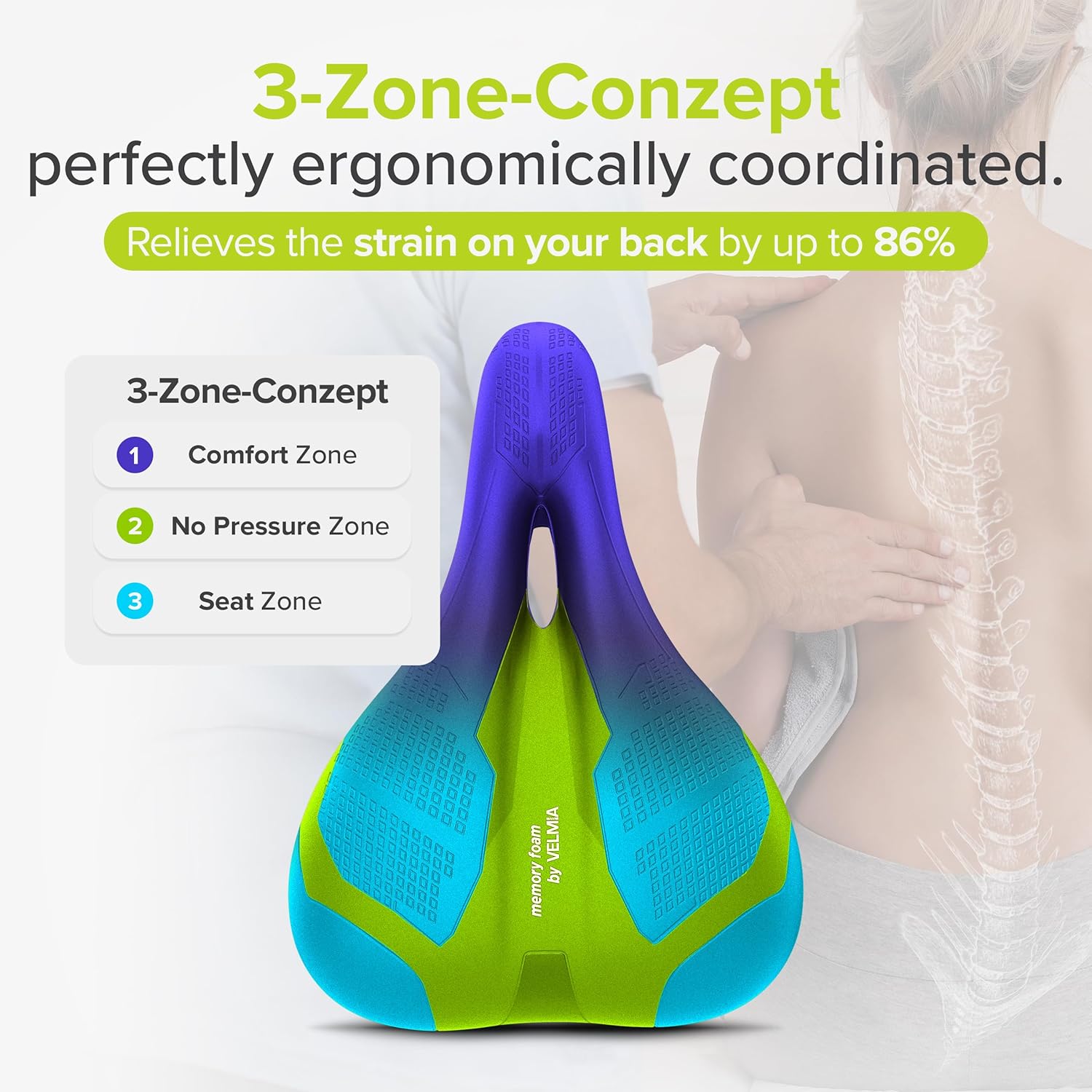 Detalle de VELMIA Memory Foam Bike Seat with Ergonomic 3‑Zone Concept (Waterproof, Ventilated) for Men & Women