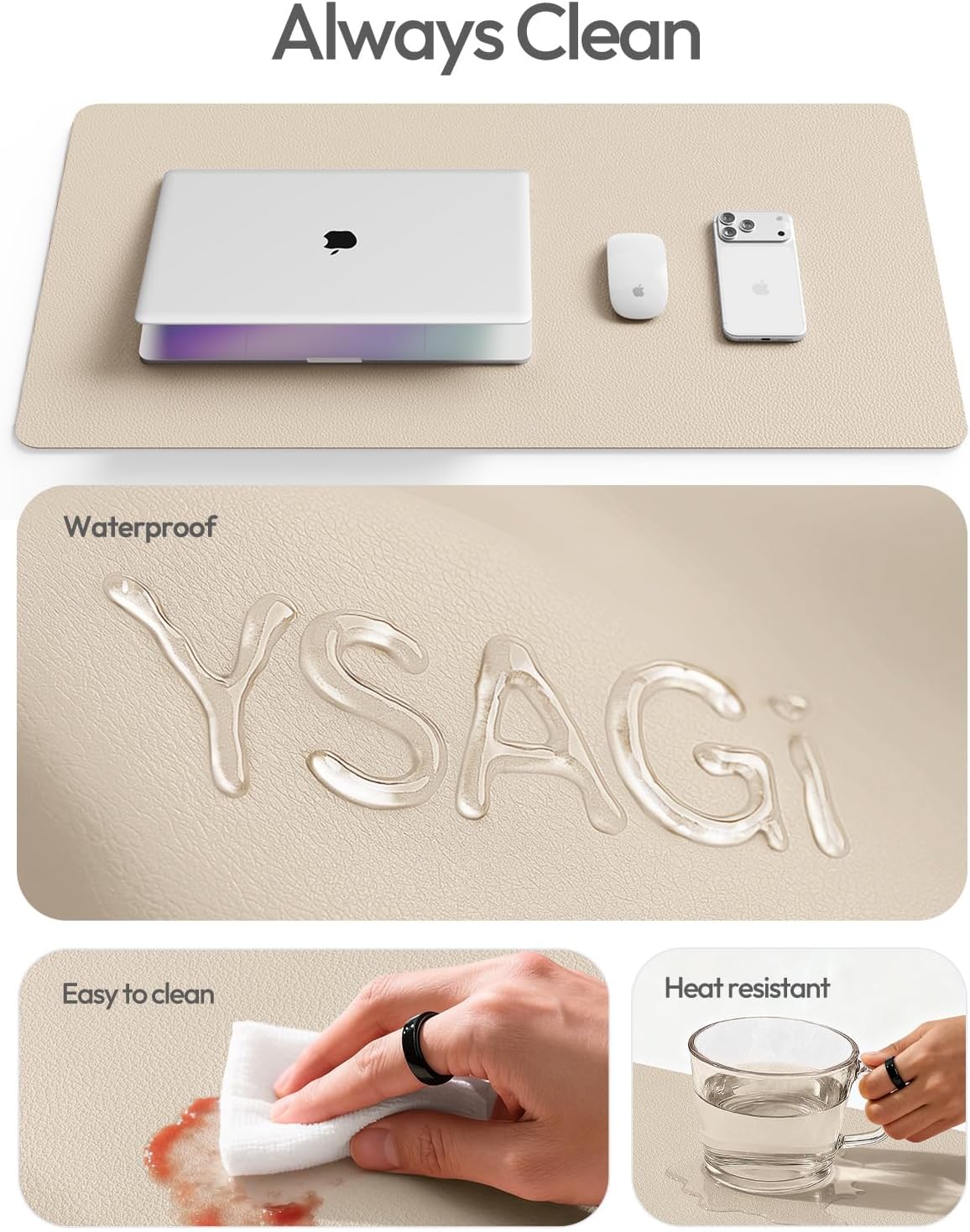 Thumbnail 6 de YSAGi Leather Desk Pad Protector (Large) – Waterproof PU Leather, Non-Slip 31.5" x 15.8" Eggshell