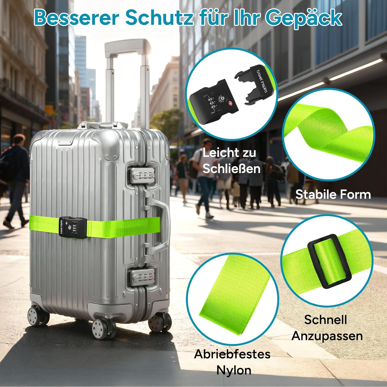 Detalle de Travel Inspira TSA-Kofferband Neon Grün – verstellbar 103–200 cm, Kofferband mit Zahlenschloss für 20–32 Zoll Koffer