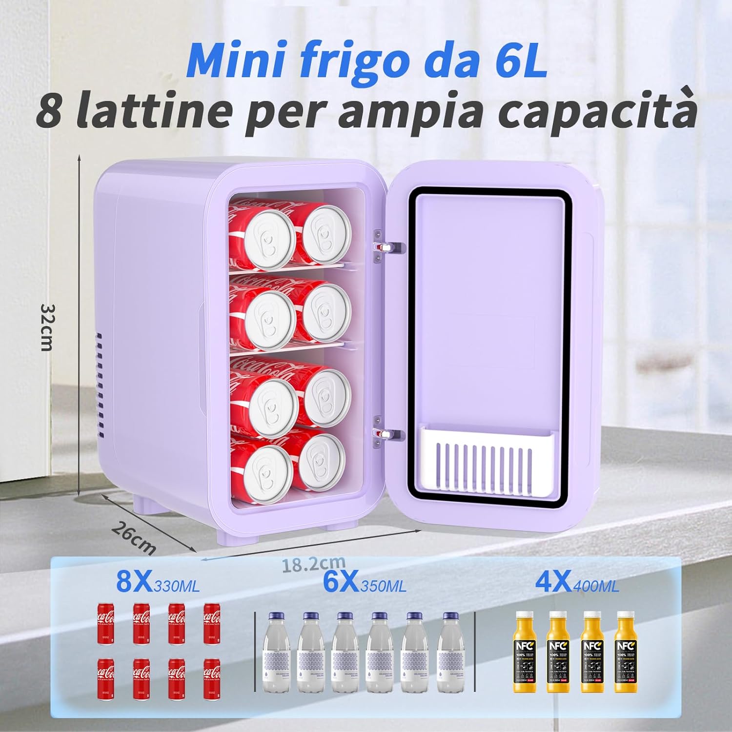 Detalle 2 de YASHE Mini frigo da 6 litri/8 lattine, raffreddamento e riscaldamento, AC/DC, viola