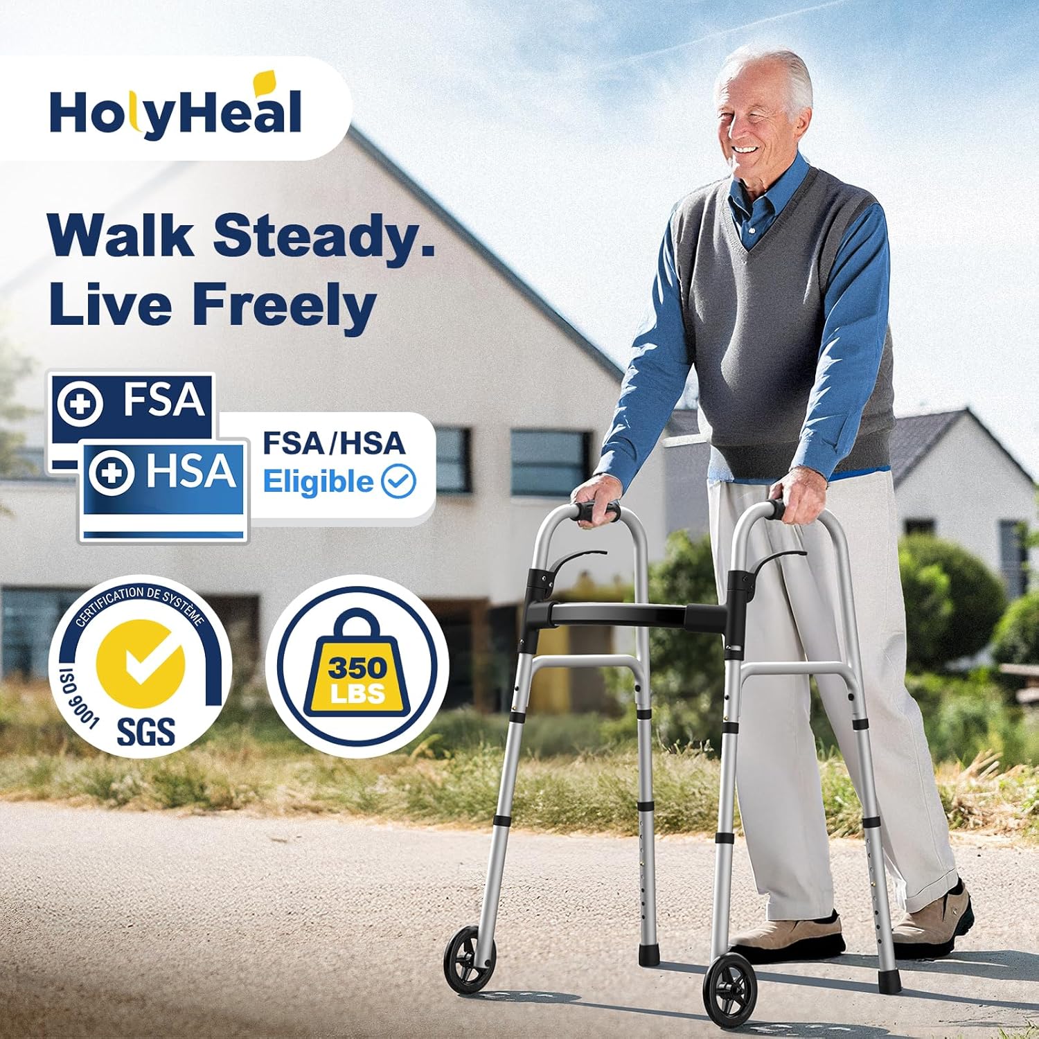 Detalle de HolyHeal Folding Walker for Seniors with 2 Skis and 5" Wheels
