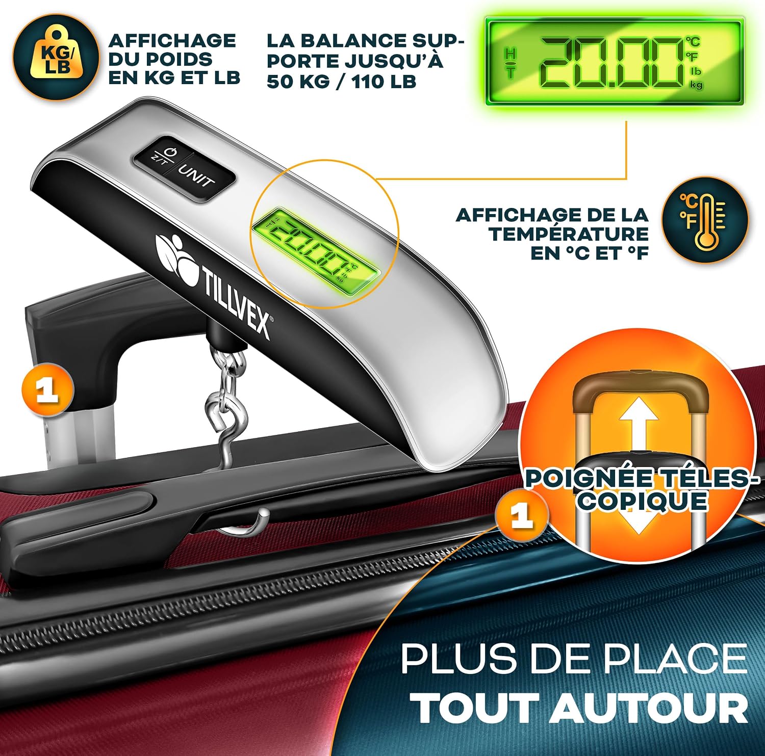 Detalle 2 de Tillvex Set de 4 Valises de Voyage + Balance, 8 Sangles et 4 étiquettes – Coques rigides ABS, TSA, rouge