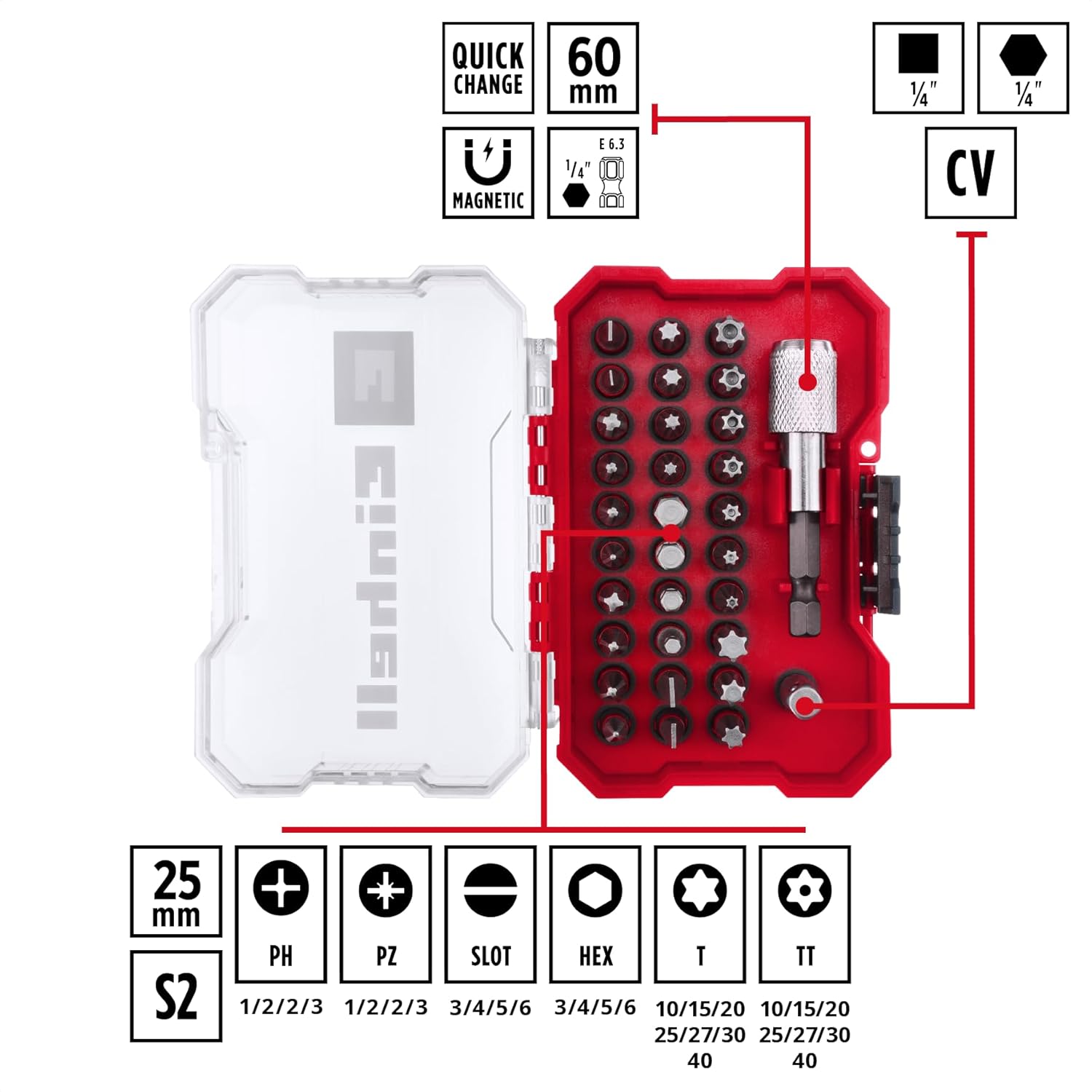 Detalle de Set punte Einhell XS-CASE 32 pezzi: punte 25 mm, portapunte rapido e adattatore 1/4" in un astuccio robusto