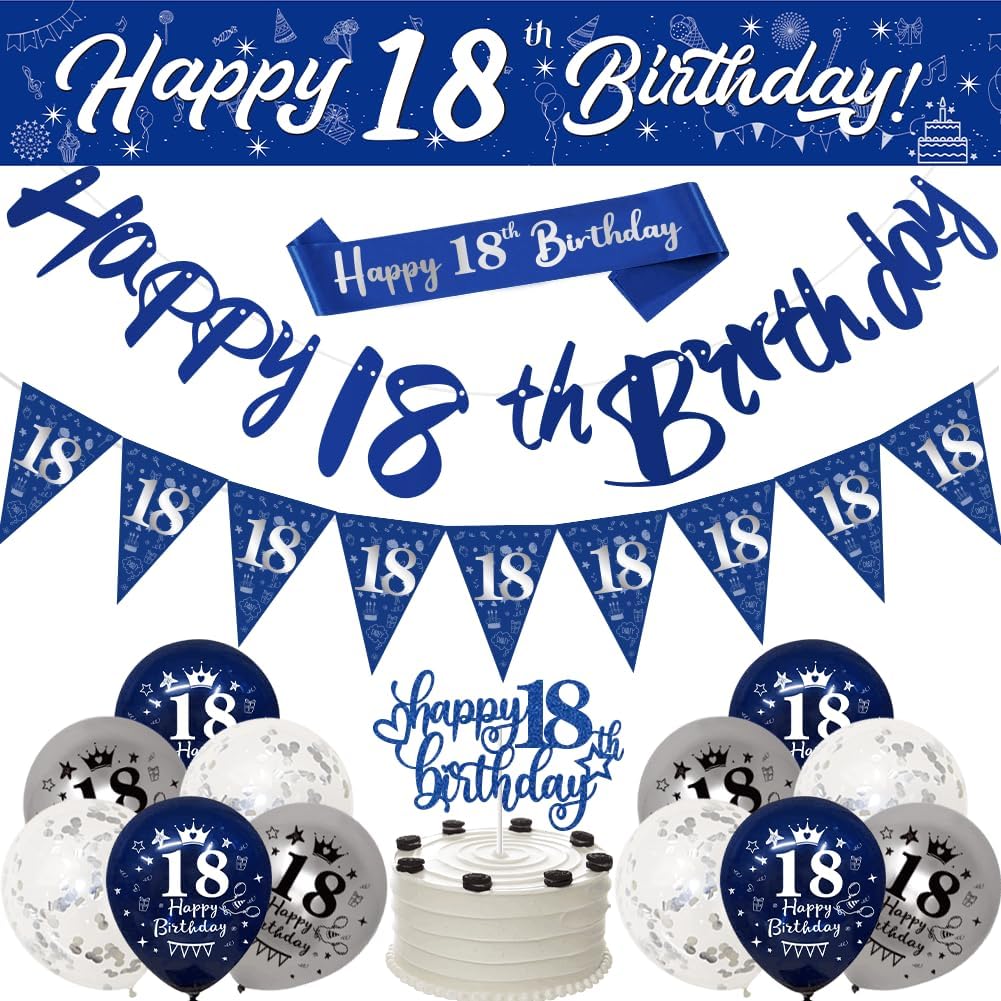 Yontree 18th Birthday Decorations – Blue & Silver Banners, Triangle Flags, Cake Toppers & More for Him