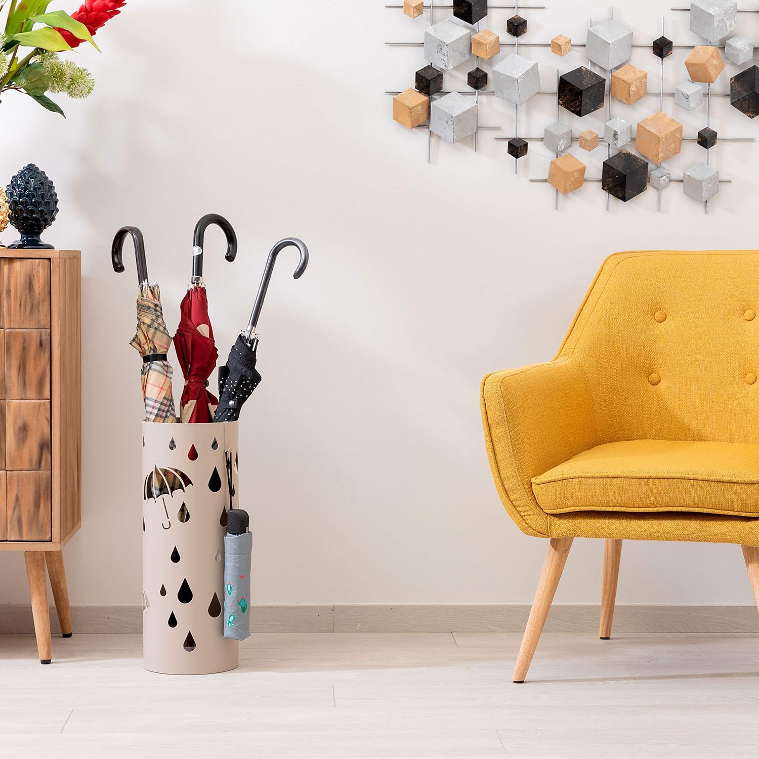 Detalle de Baroni Home Portaombrelli Cilindrico in Metallo con Intagli a Forma di Pioggia – Grigio Tortora 19×19×49 cm