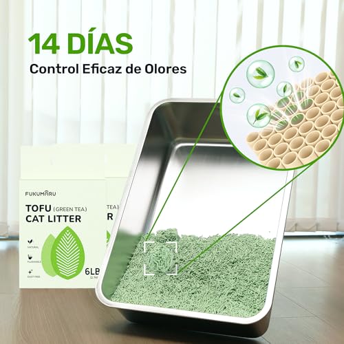 Detalle 2 de FUKUMARU Arena de Tofu para Gatos 10.8kg: arena aglomerante con té verde, polvo reducido y desechar en inodoro