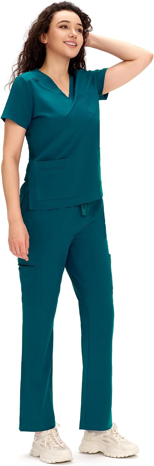 Detalle de COZYFIT Women's Scrubs Set, V-Neck Top and Straight Cargo Pants, 12 Pockets