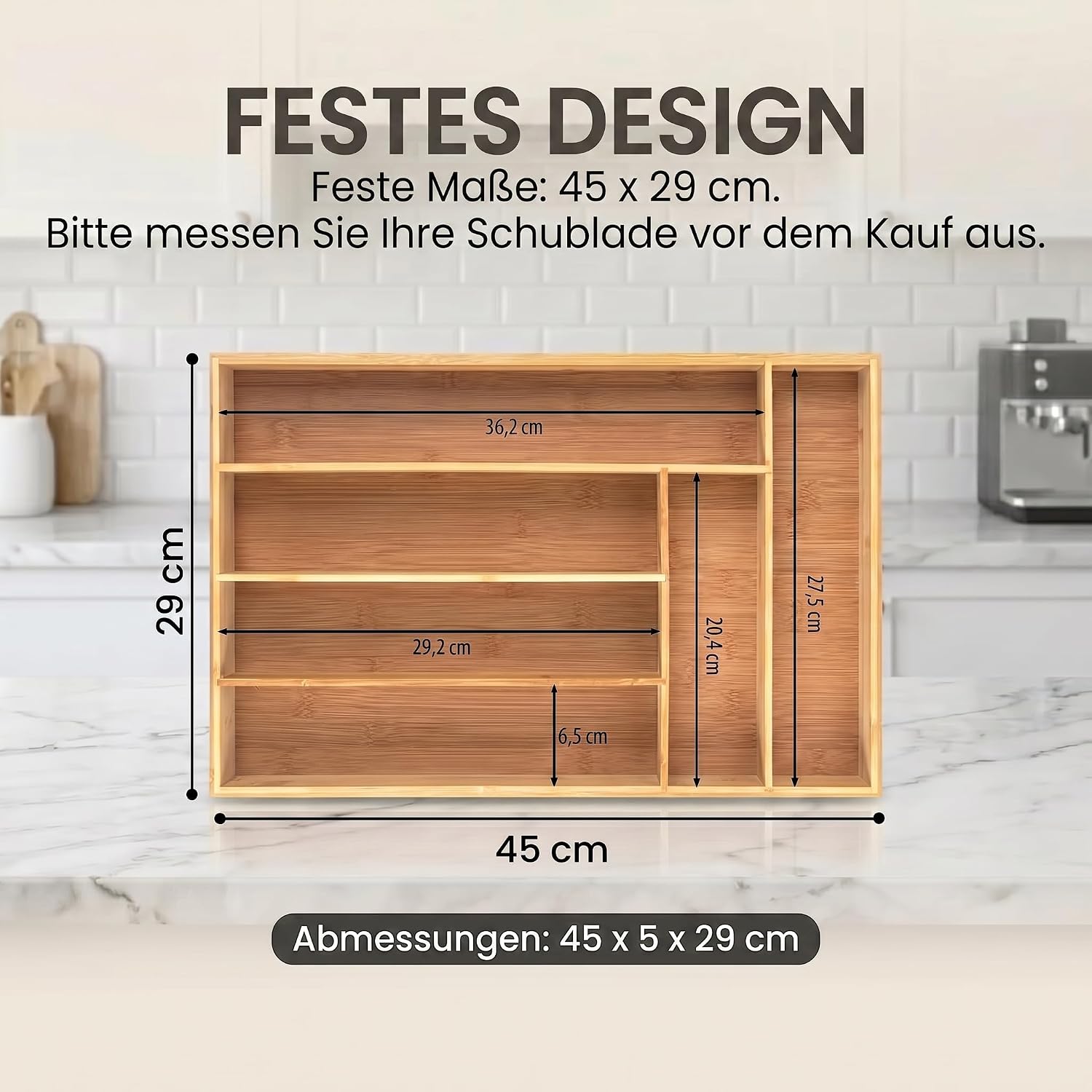 Detalle de Dimono Bamboo Cutlery Tray, 7 Compartments, Adjustable 29 x 45 cm