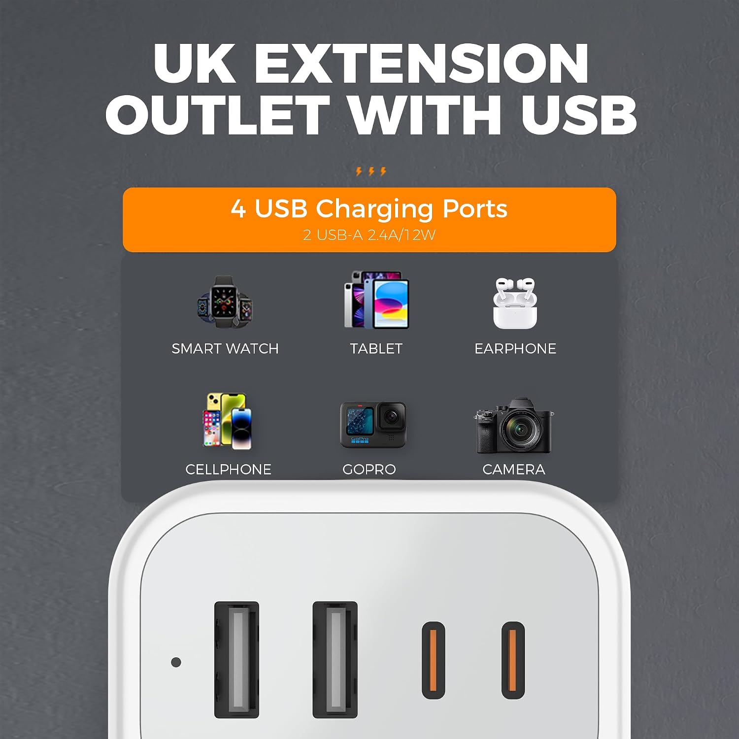 Detalle 2 de TESSAN 2 Way 6-in-1 Multi Plug Extension Socket with 4 USB (2 USB-C) – UK 13A Adaptor