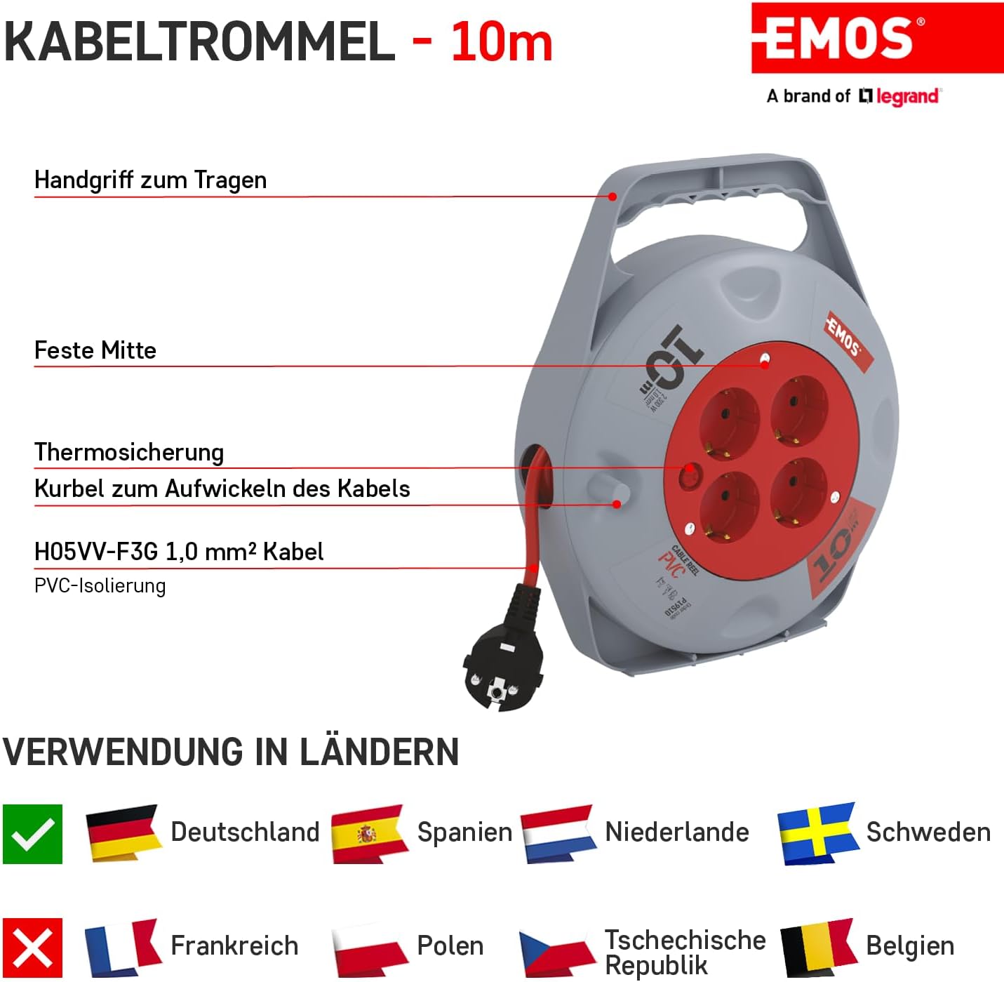 Thumbnail 2 de EMOS Mini-Kabeltrommel 10 m mit 4 Schuko-Steckdosen (IP20, H05VV-F 3G 1,0 mm²)
