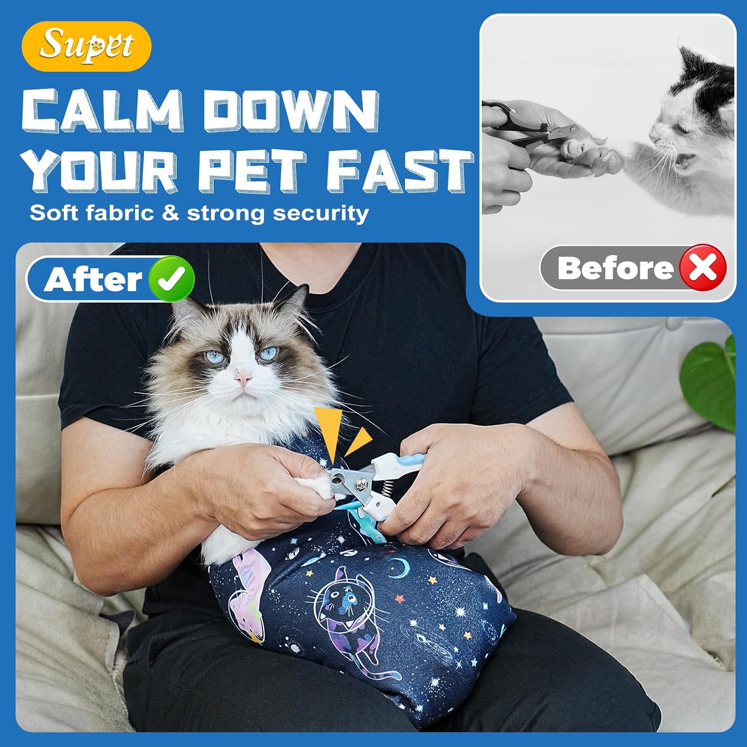 Detalle 2 de Supet Cat Grooming Wrap, Self-Adherent Plush Swaddle for Nail Trimming