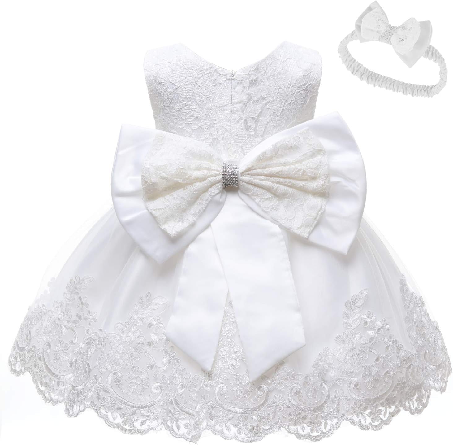 Detalle de LZH Baby Girls Ruffle Lace Backless Dress with Headwear & Bowknot (Pageant, Wedding & Party)