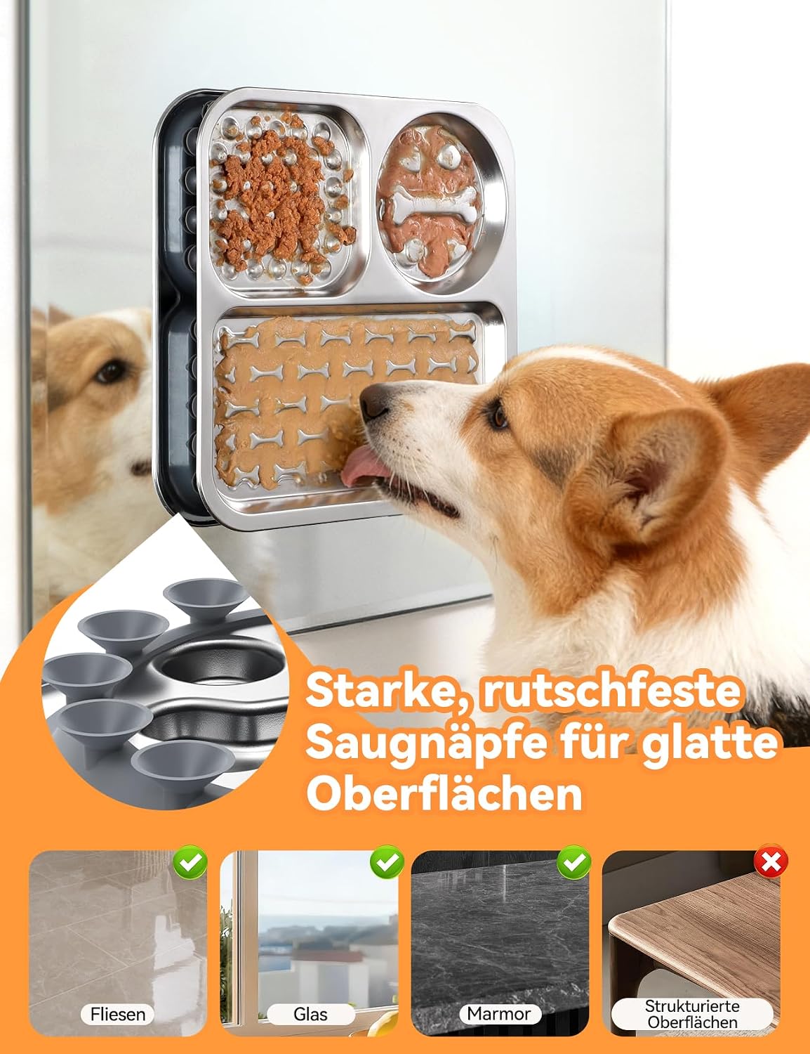 Detalle de FEELNEEDY Edelstahl Schleckmatte Hund mit Schaber – rutschfeste Anti-Schling-Mahlzeit mit Zahnpflege und Saugnäpfen