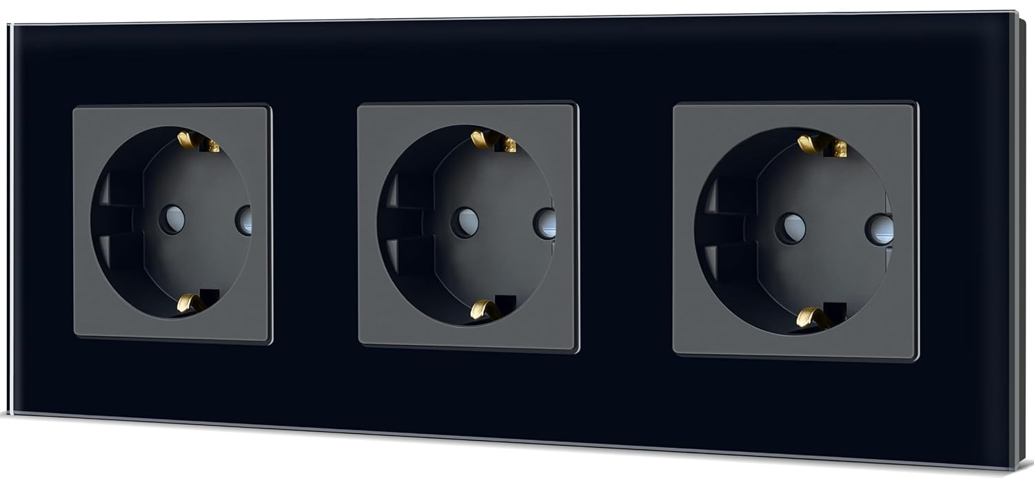 Detalle de TAWOIA Schuko-Wandsteckdose 3-fach mit Glasrahmen (EU-Standard), schwarz, 86×228 mm