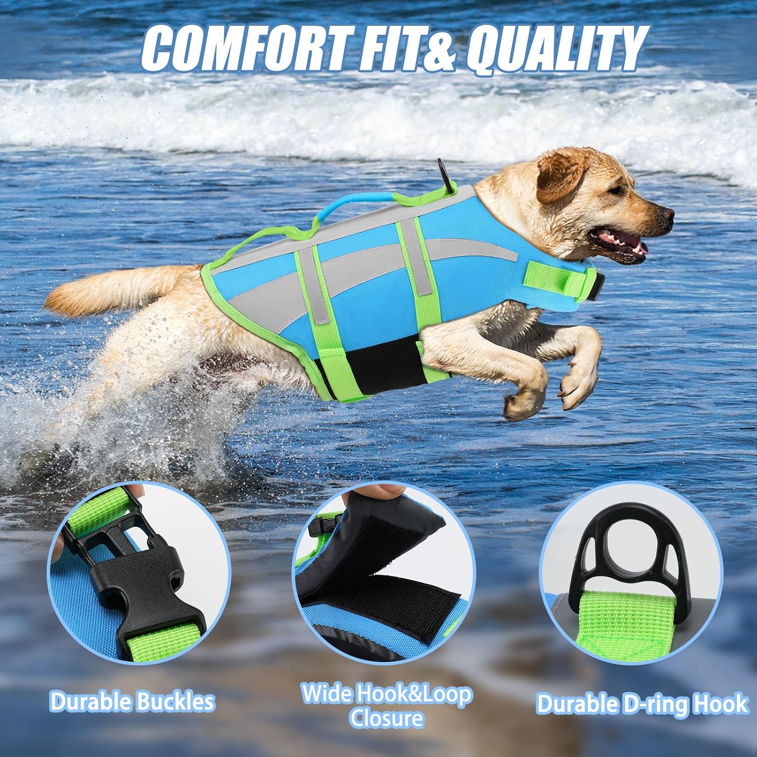 Detalle de EMUST Life Jacket for Large Dogs (Size L): High Buoyancy Vest with Double Rescue Handles and Reflective Strips