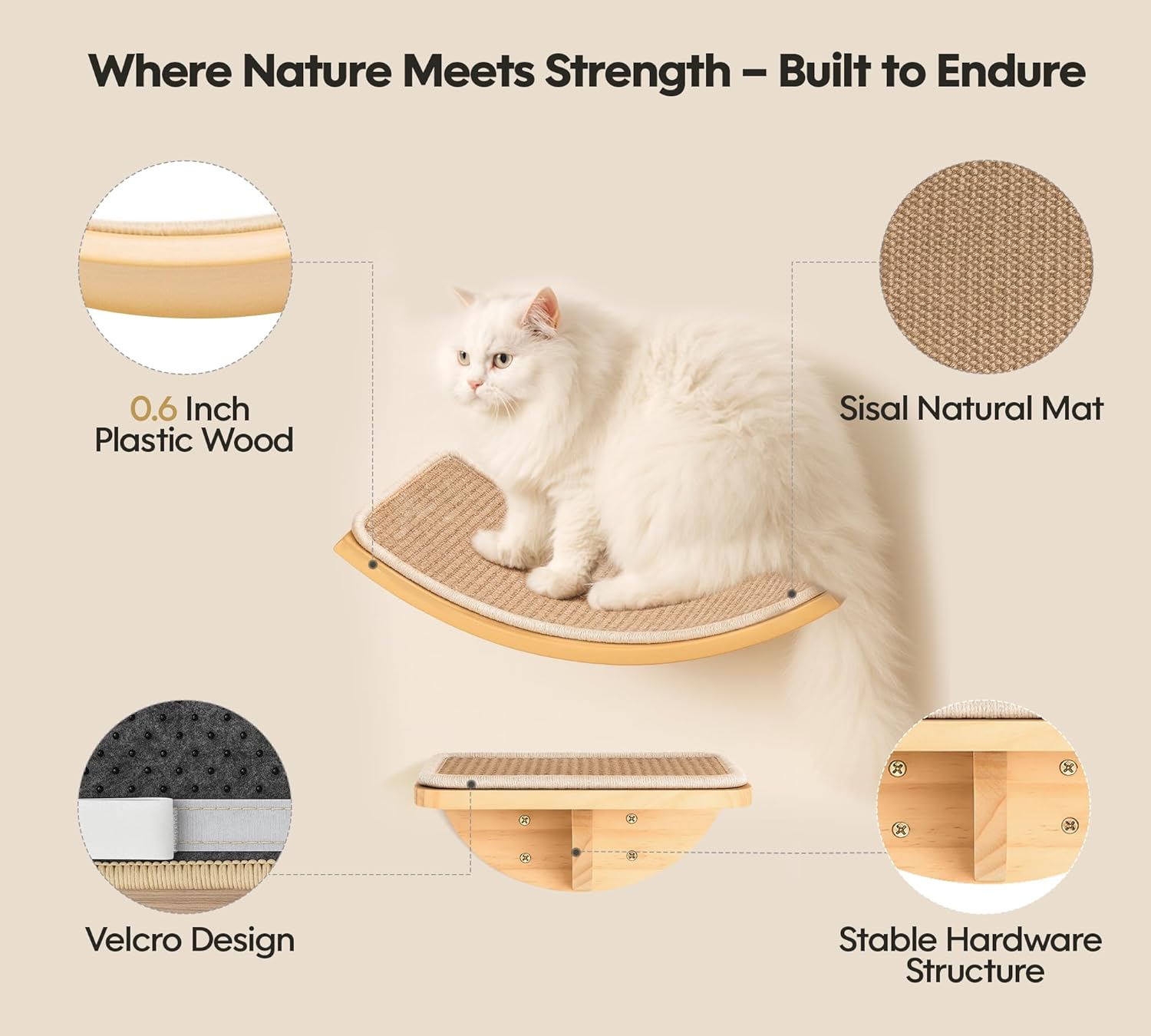 Detalle 2 de Curved Floating Cat Shelf with Cat Sisal Mat