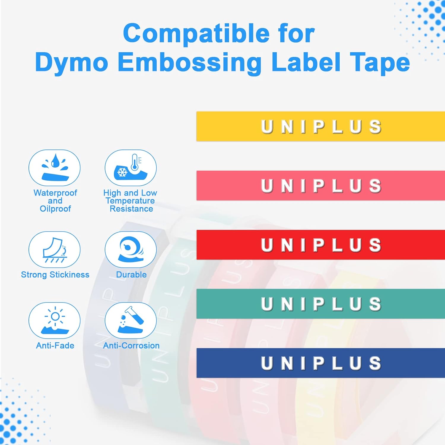 Detalle de UniPlus Omega kompatibles 9 mm x 3 m Etikettenband – 12 Rollen Ersatz für Dymo Omega Embosser