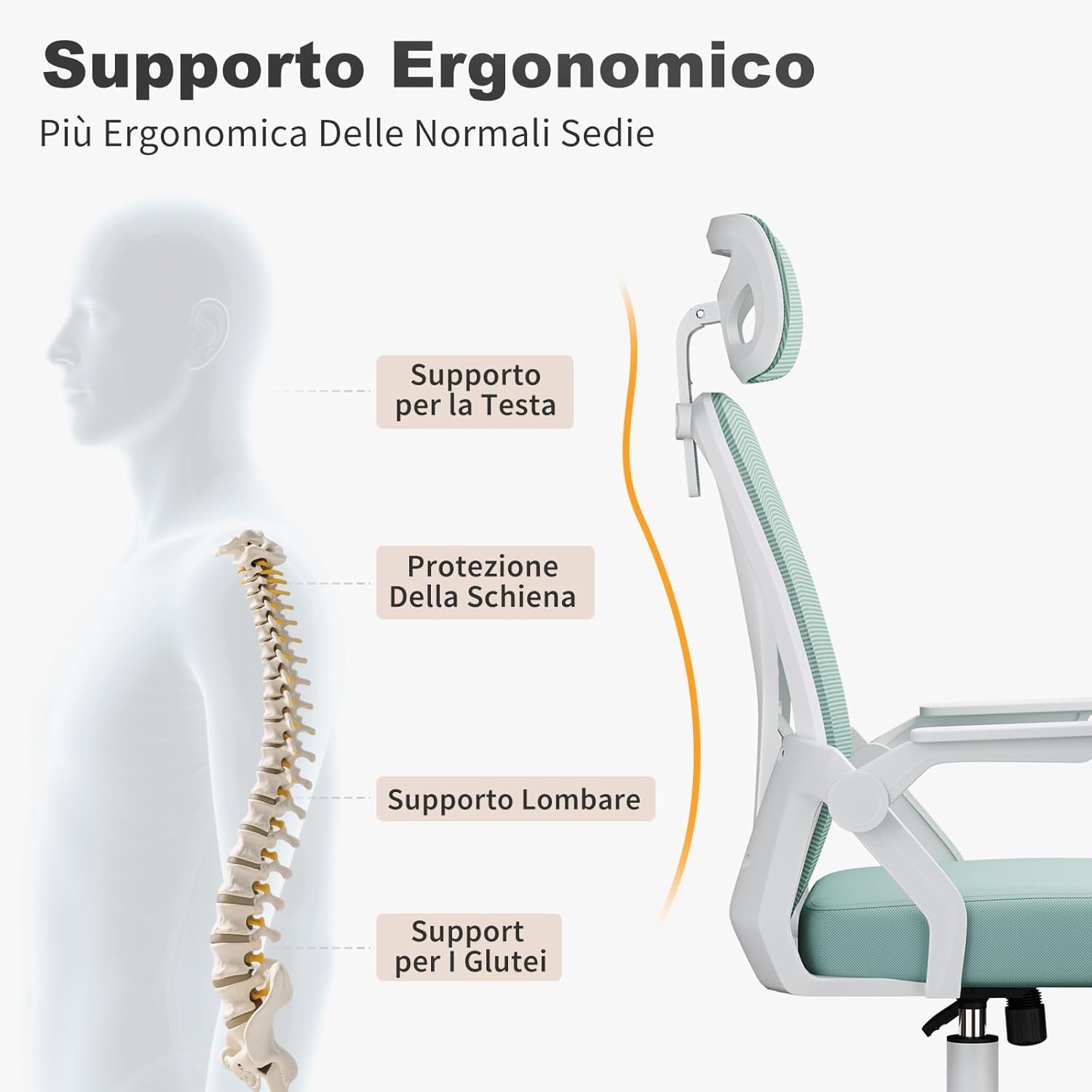 Detalle de Naspaluro Sedia da Ufficio con Braccioli Ribaltabili a 90° – Ergonomica, Sedie Scrivania a 360°
