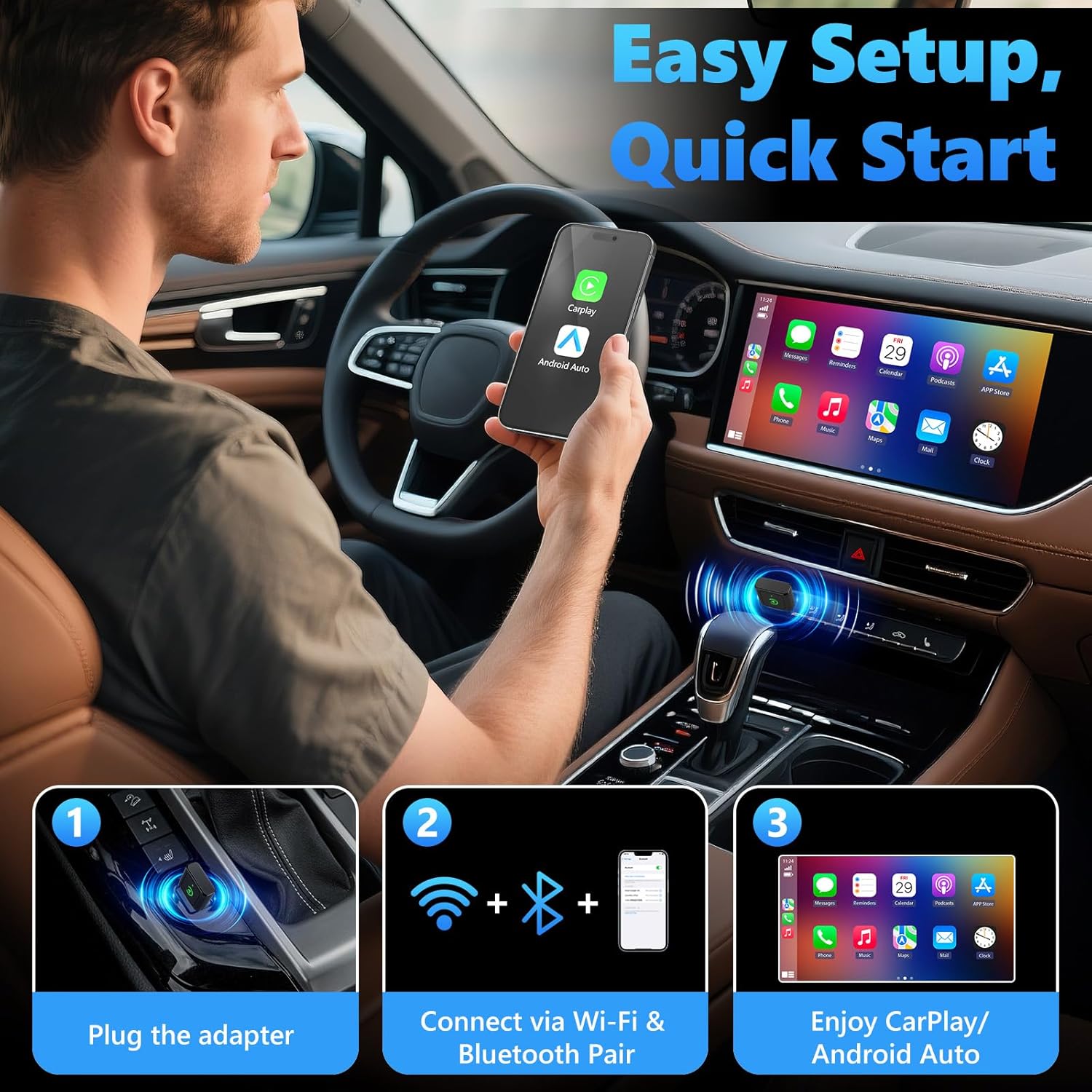 Detalle 2 de 2-in-1 Wireless CarPlay & Android Auto Adapter – Plug & Play, Bluetooth 5.3 & 5.8 GHz WiFi