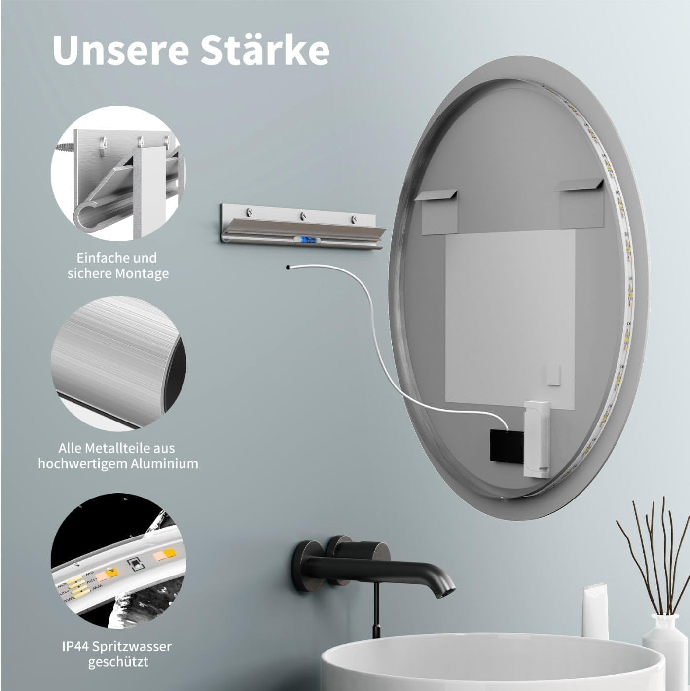 Thumbnail 3 de ApeJoy specchio da bagno rotondo LED 60 cm con illuminazione, anti-appannamento e touch