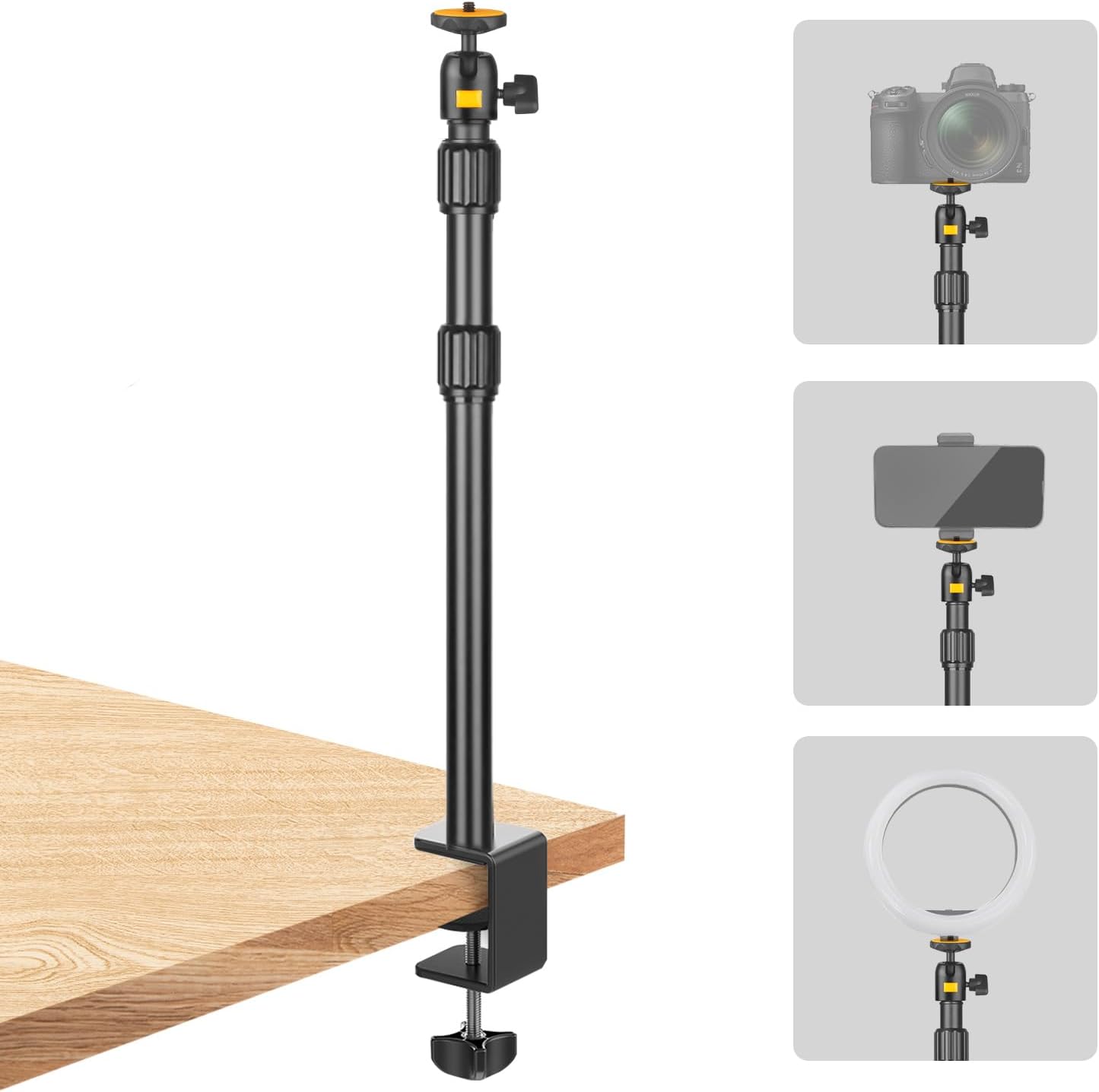 Detalle de JEBUTU Camera Desk Mount (37.6–83cm) with 1/4" Ball Head for Webcam, Ring Light & Live Streaming