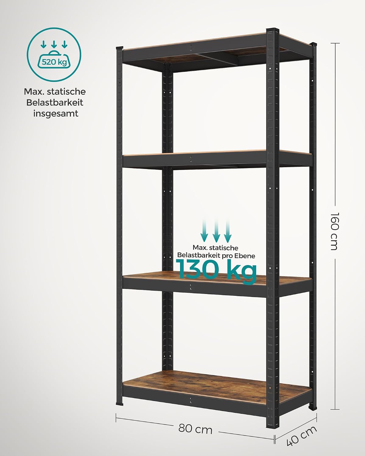 Thumbnail 2 de SONGMICS Standregal GLR044B11 mit 4 Ablagen, verstellbar, 40 x 80 x 160 cm – bis 520 kg belastbar (vintagebraun-schwarz)
