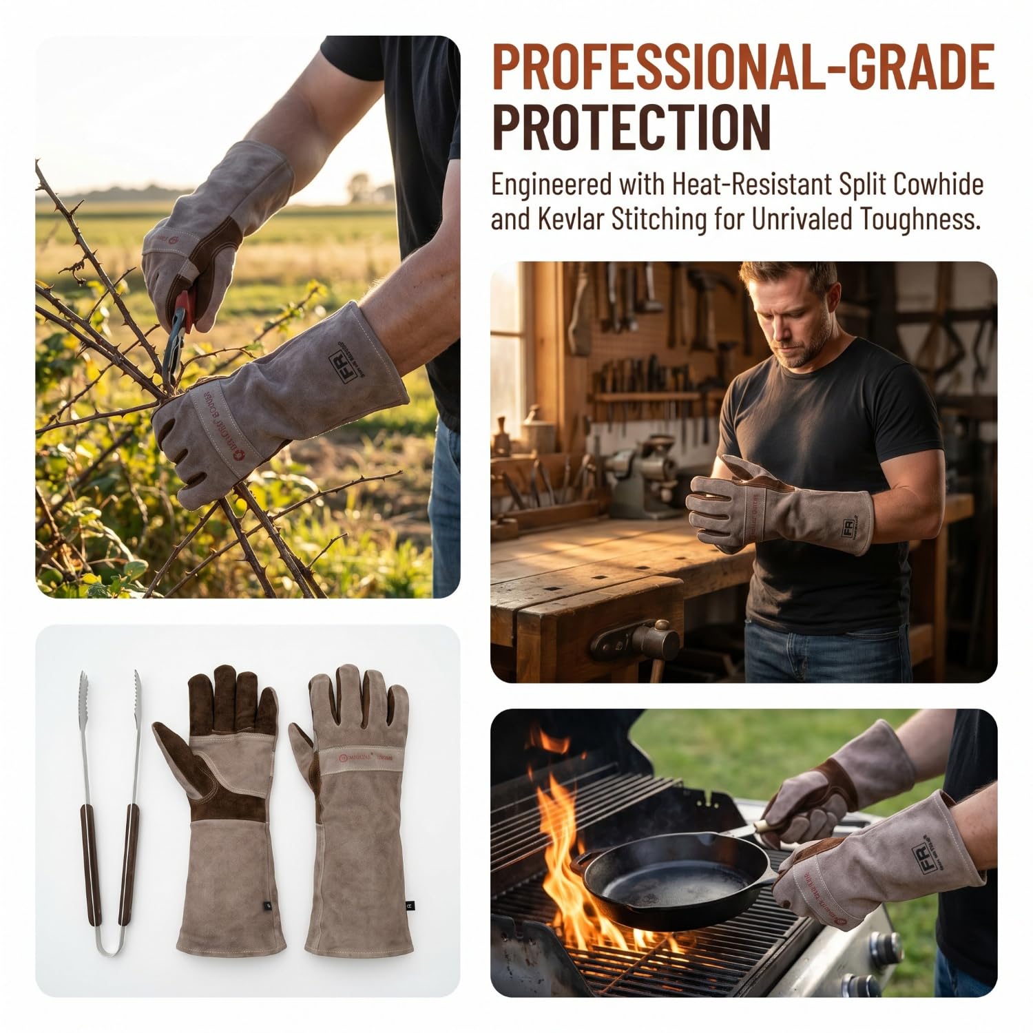 Thumbnail 4 de AOUCHI Leather Welding BBQ Fire Gloves Large