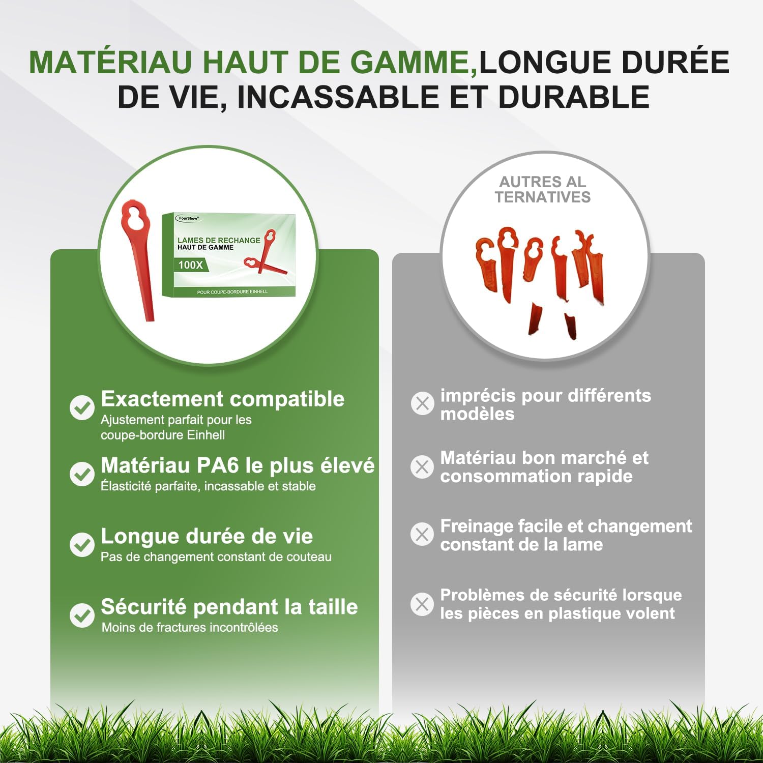 Detalle de Lot de 100 lames de rechange en PA6 (nylon) compatibles Einhell pour coupe-bordures sans fil
