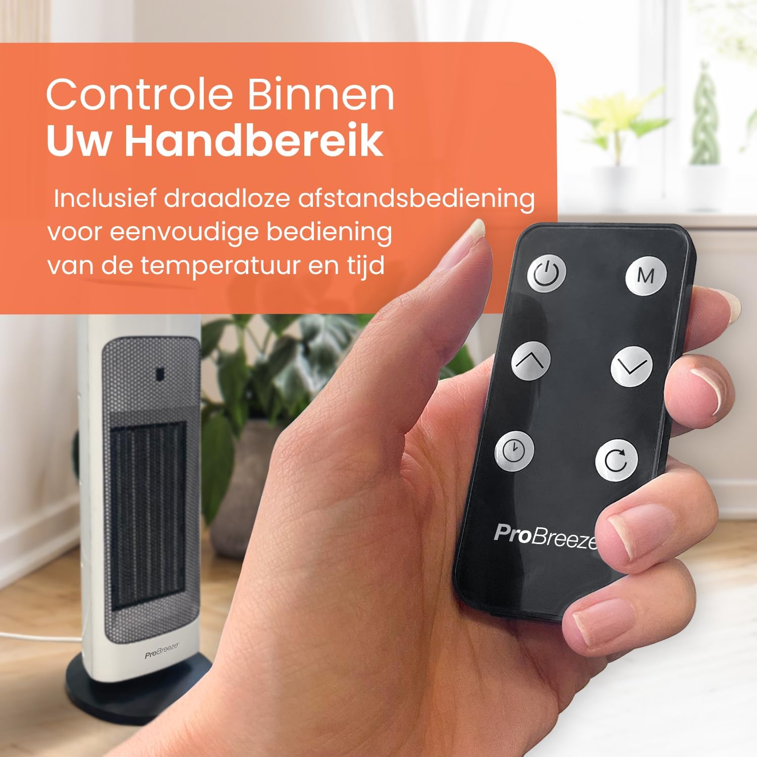 Detalle de Pro Breeze keramische torenverwarming 2000 W met display, afstandsbediening en timer