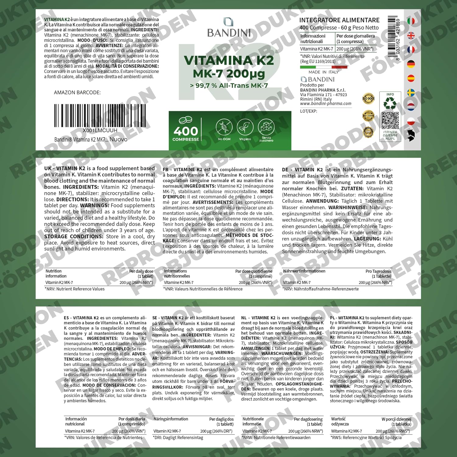 Detalle 1 de BANDINI Vitamin K2 MK7 – 200 µg, 400 veganska tabletter